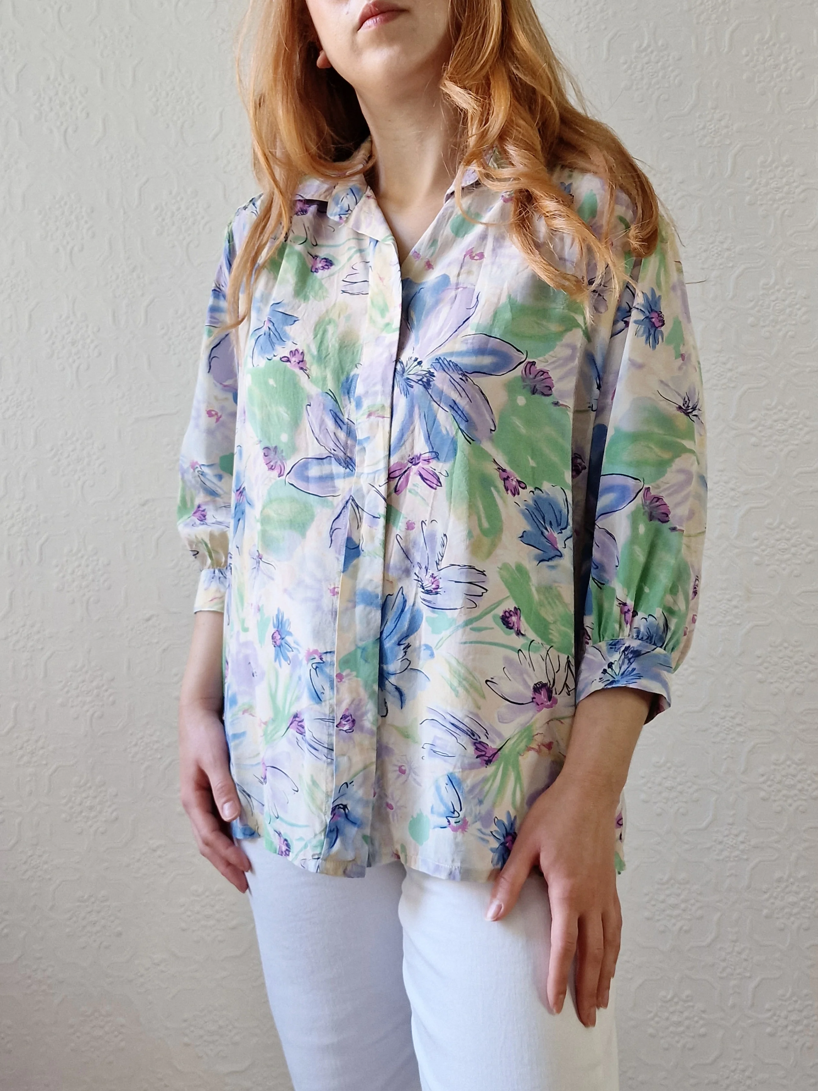 Vintage 80s Blue & Green Floral 100% Silk Blouse with 3/4 Sleeves - S/M - Image 7
