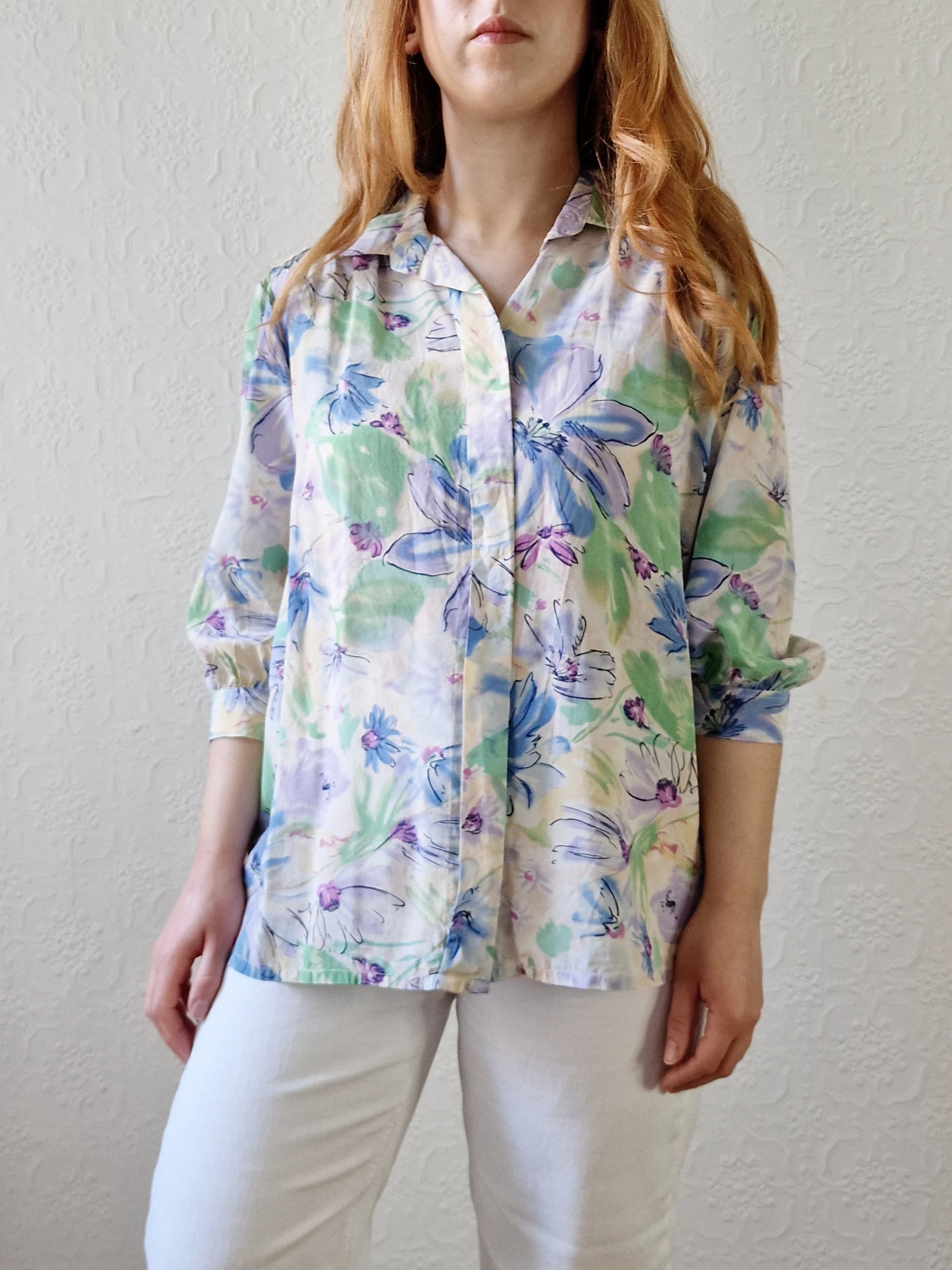 Vintage 80s Blue & Green Floral 100% Silk Blouse with 3/4 Sleeves - S/M - Image 8