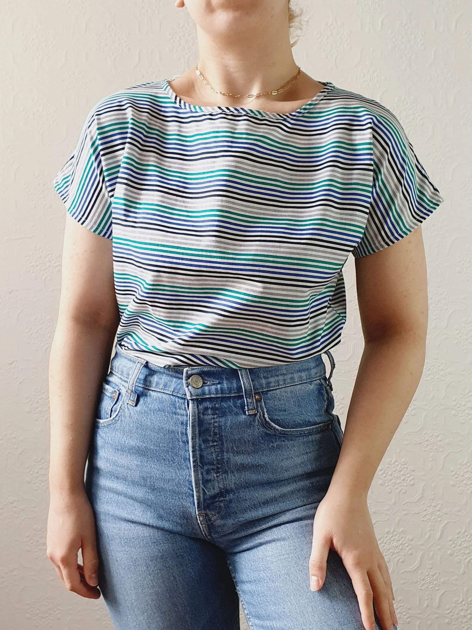 Vintage 80s Blue & Green Striped Tee with Batwing Short Sleeves - S - Image 2