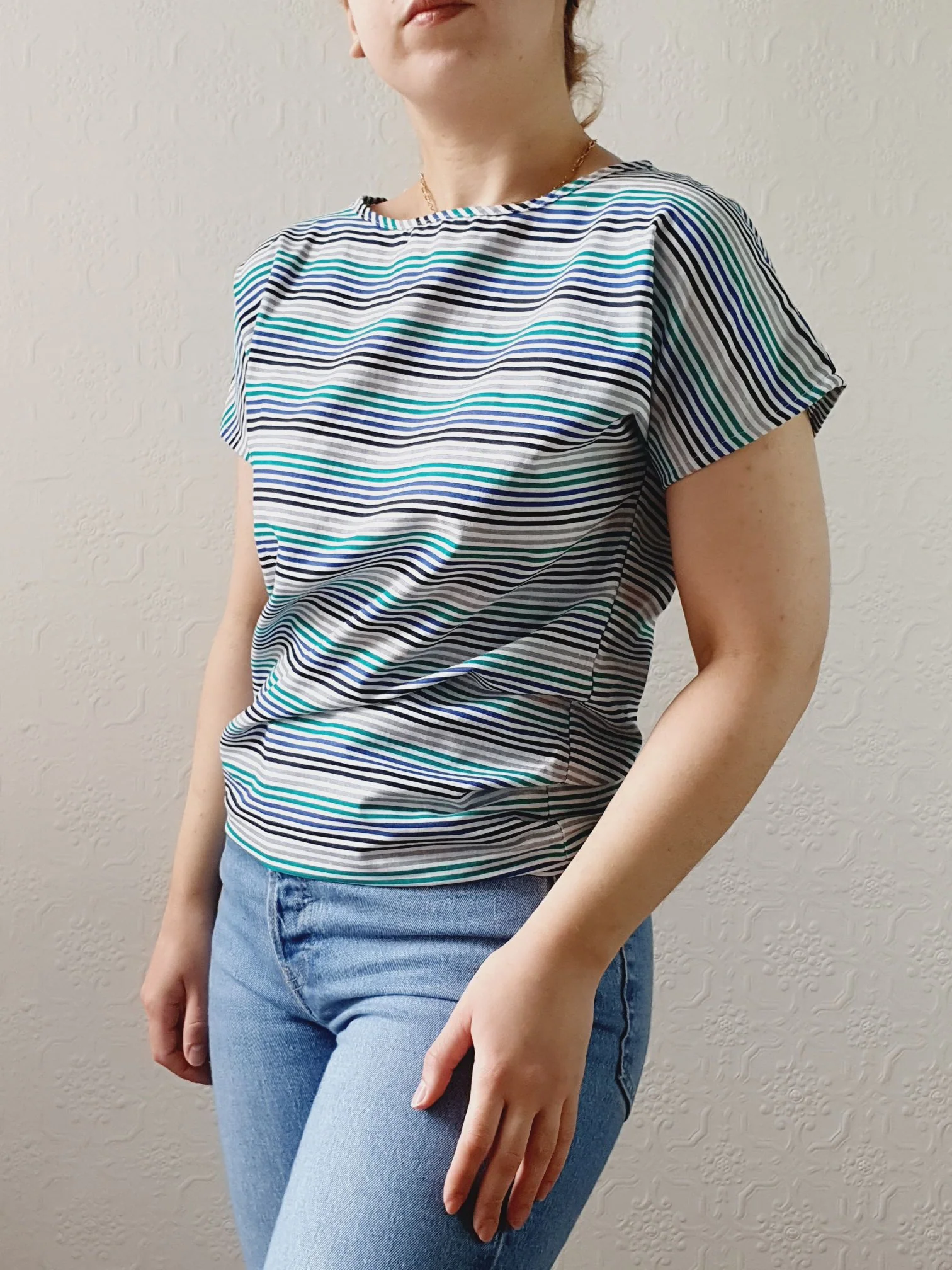 Vintage 80s Blue & Green Striped Tee with Batwing Short Sleeves - S - Image 3