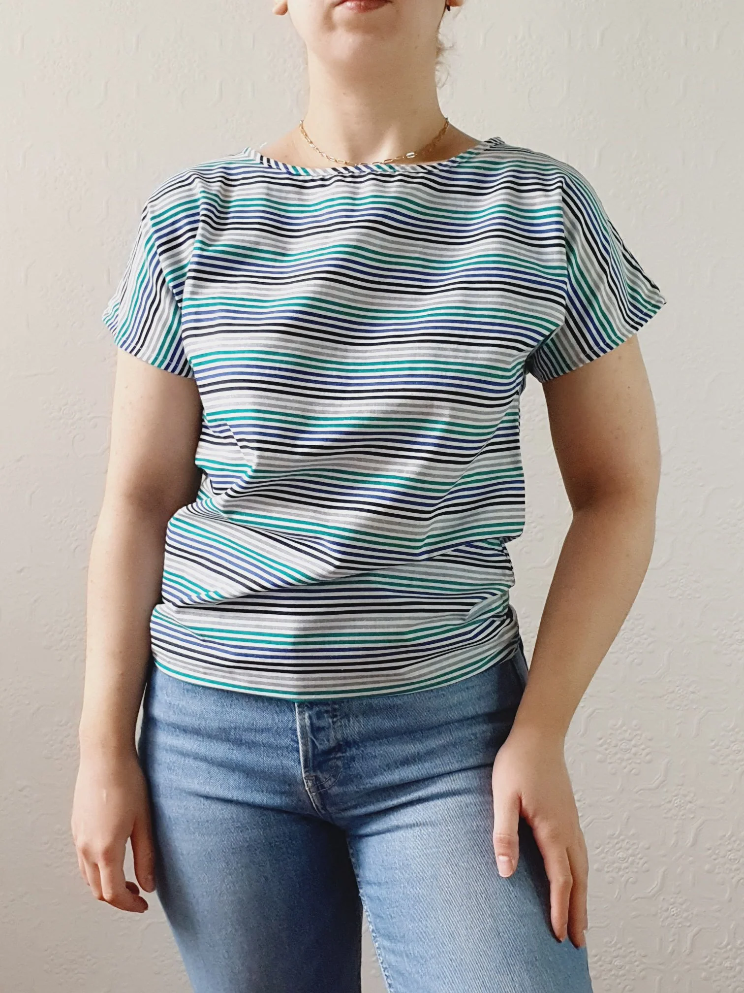 Vintage 80s Blue & Green Striped Tee with Batwing Short Sleeves - S - Image 4