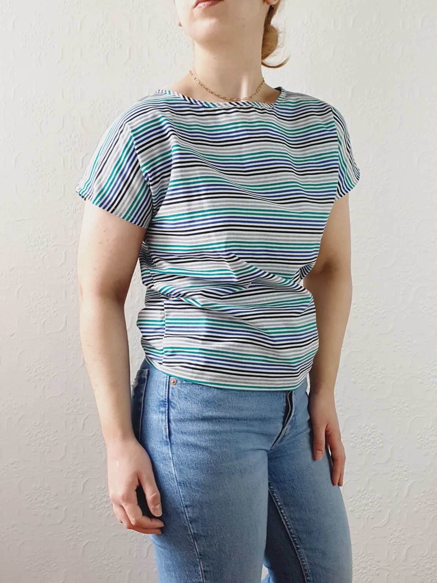 Vintage 80s Blue & Green Striped Tee with Batwing Short Sleeves - S - Image 5