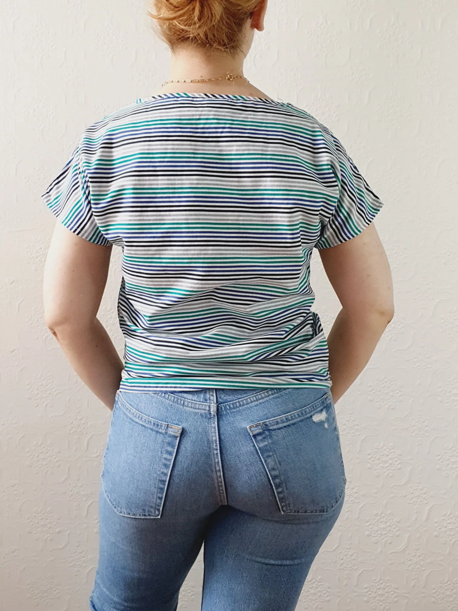 Vintage 80s Blue & Green Striped Tee with Batwing Short Sleeves - S - Image 6