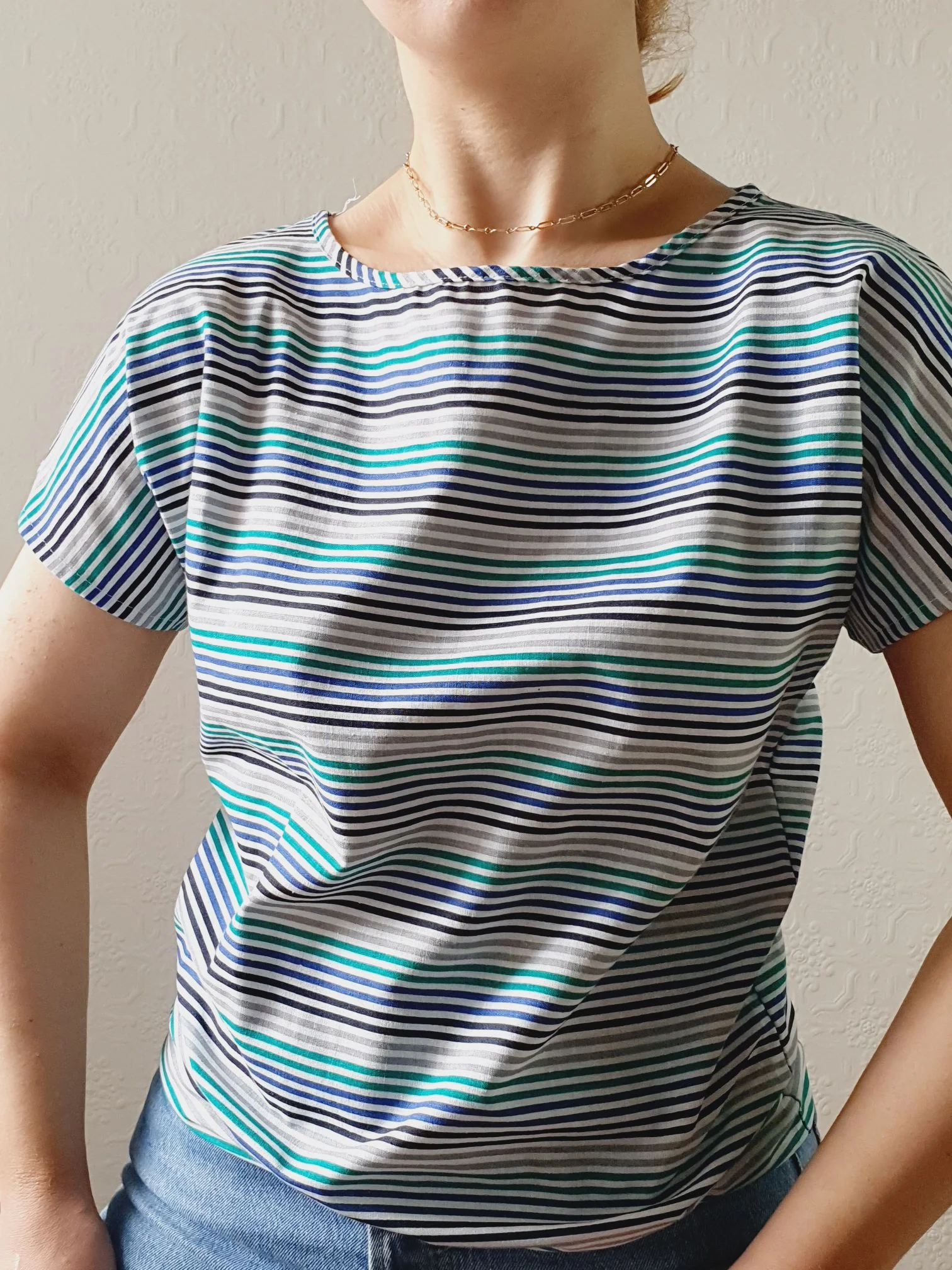 Vintage 80s Blue & Green Striped Tee with Batwing Short Sleeves - S - Image 7