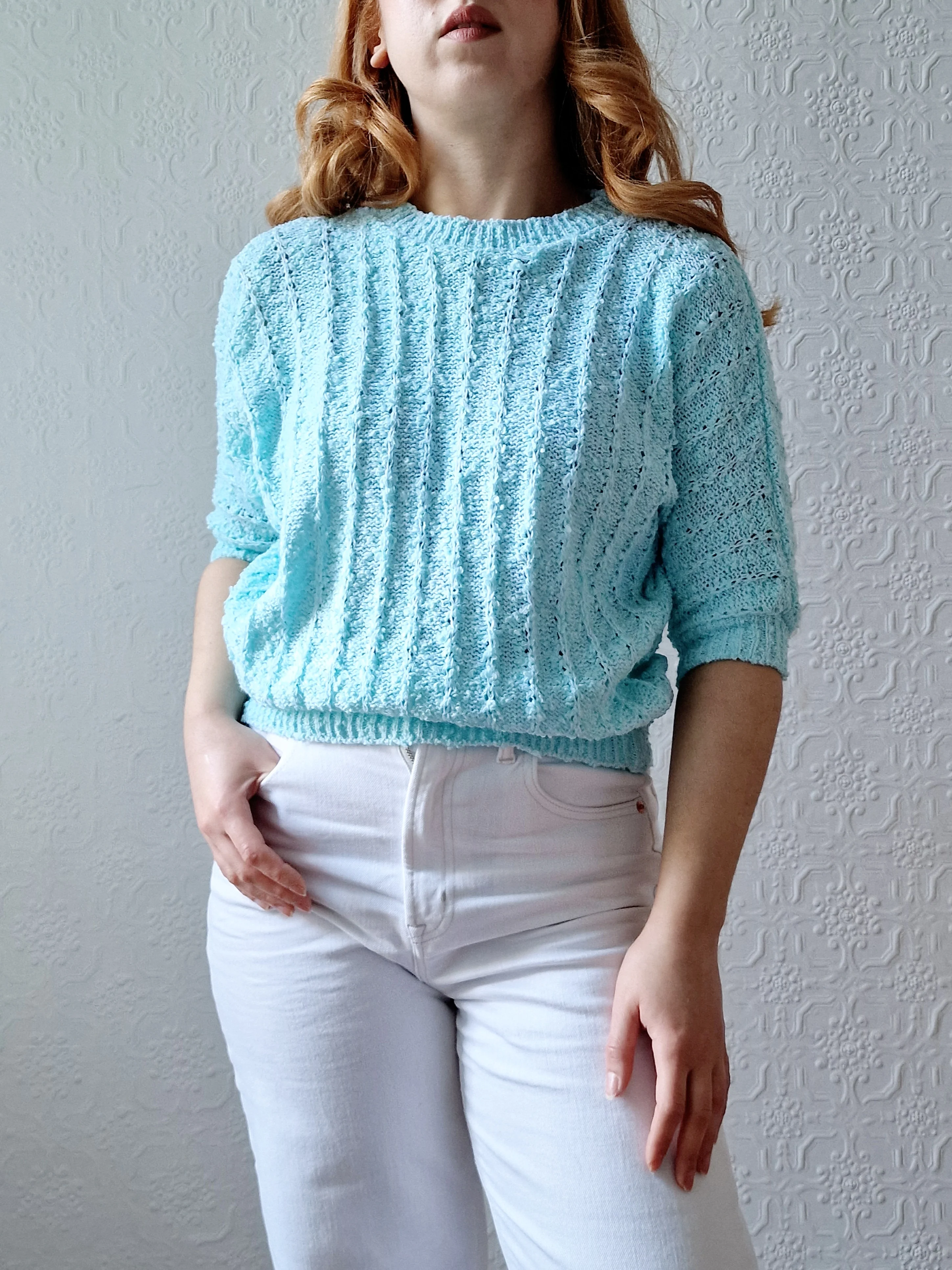 Vintage 80s Blue Round Neck Knitted Jumper Top with Batwing Sleeves - XS/S - Image 2