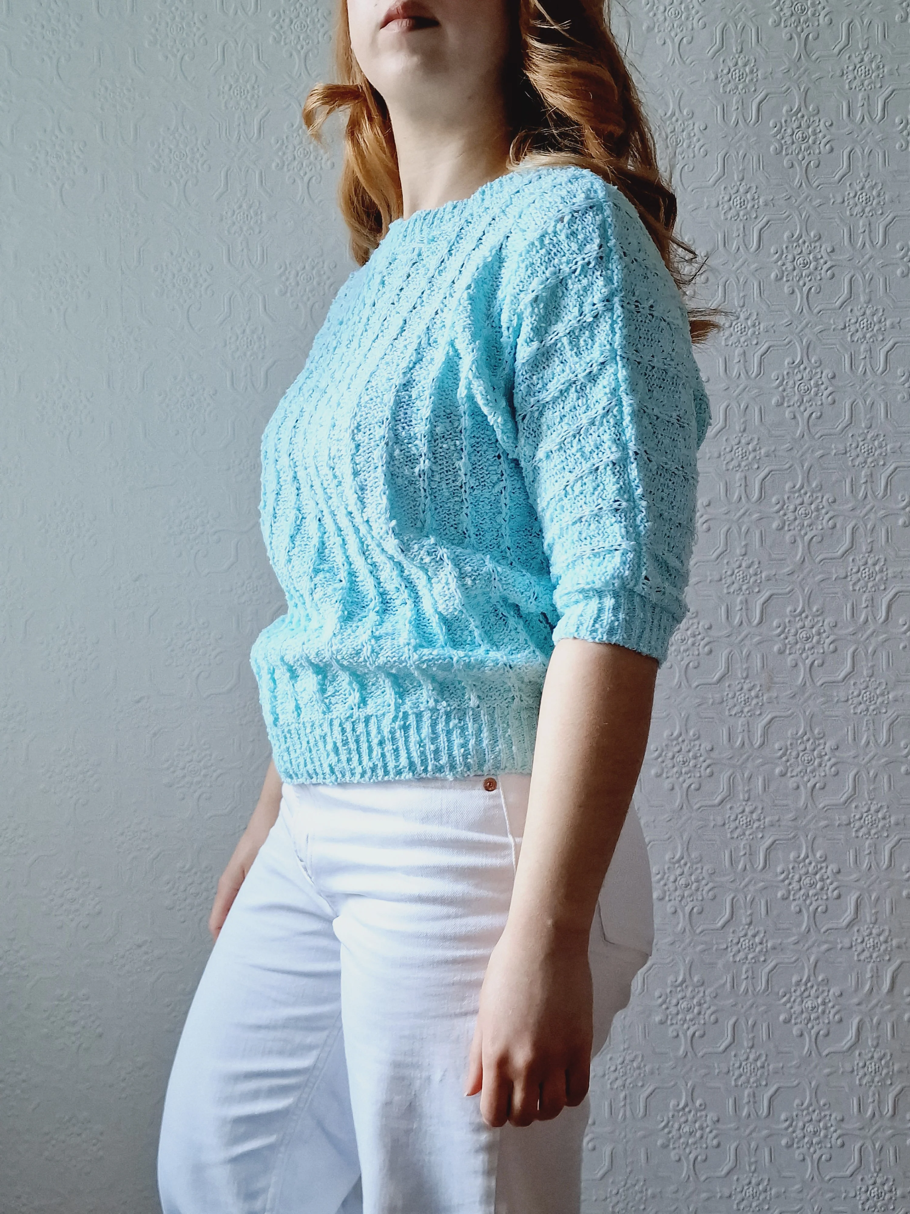 Vintage 80s Blue Round Neck Knitted Jumper Top with Batwing Sleeves - XS/S - Image 3