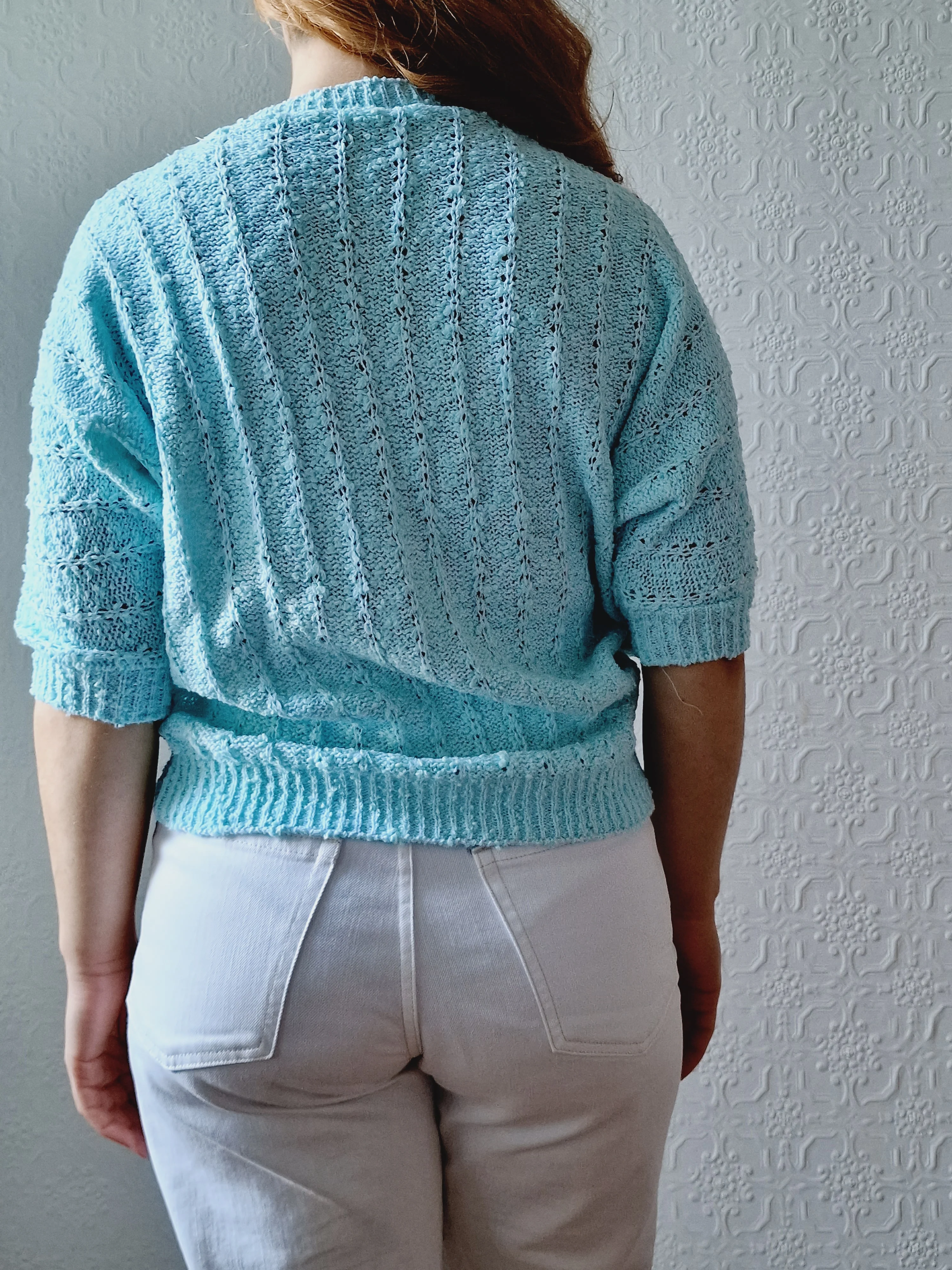 Vintage 80s Blue Round Neck Knitted Jumper Top with Batwing Sleeves - XS/S - Image 4