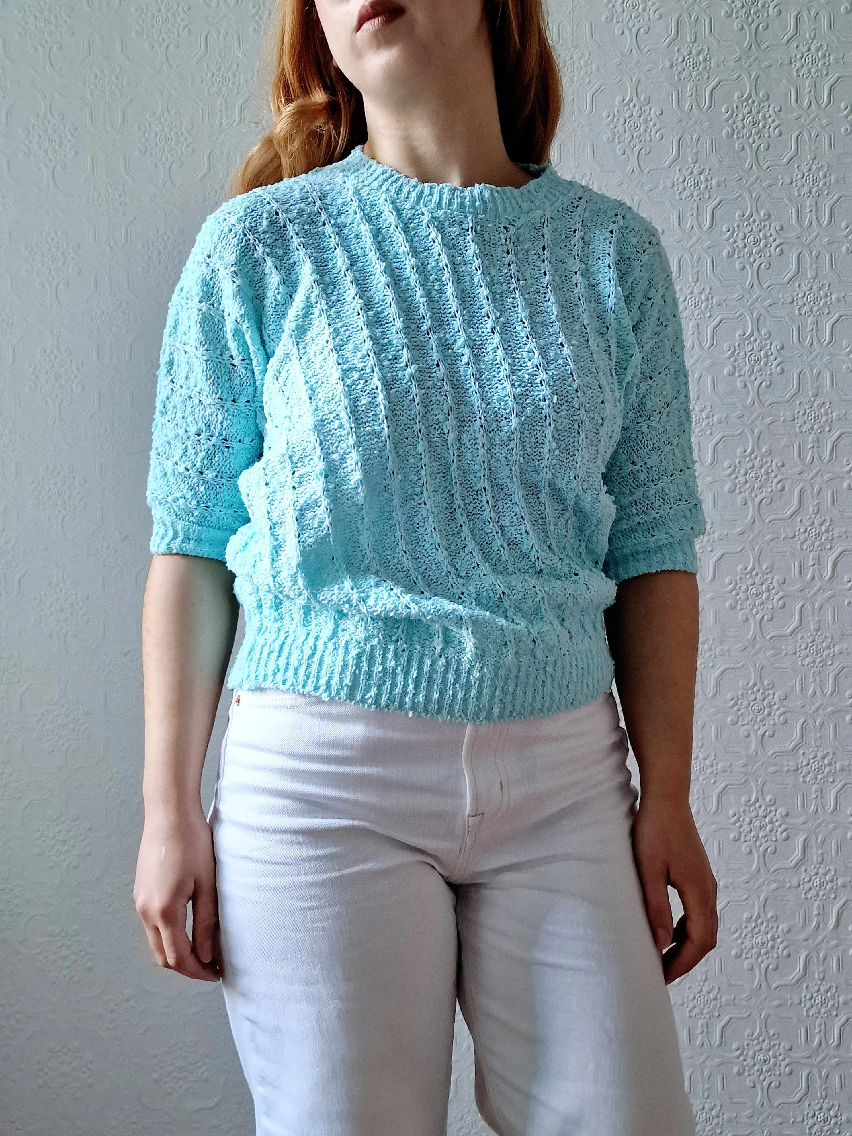Vintage 80s Blue Round Neck Knitted Jumper Top with Batwing Sleeves - XS/S - Image 5