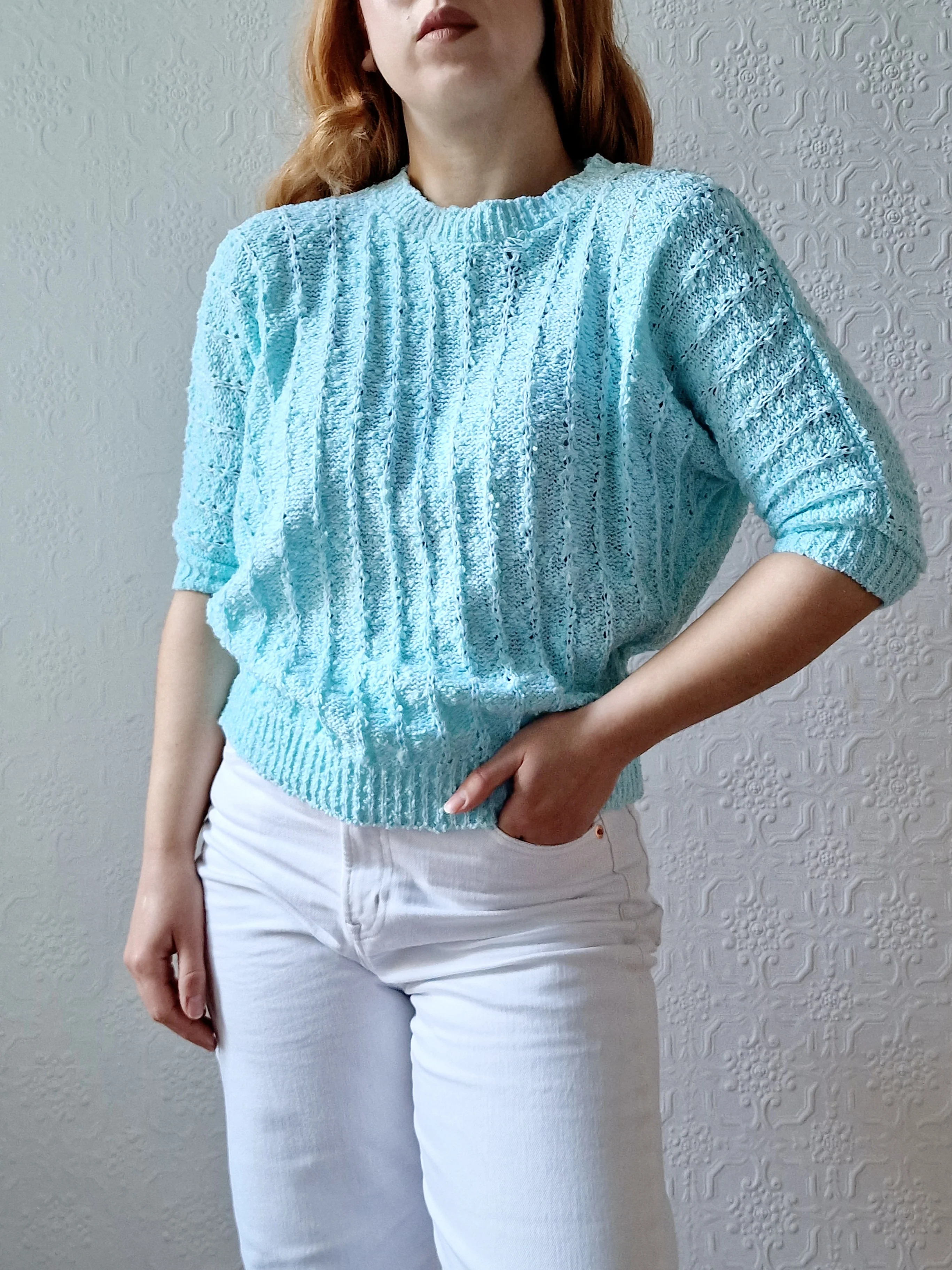 Vintage 80s Blue Round Neck Knitted Jumper Top with Batwing Sleeves - XS/S - Image 6