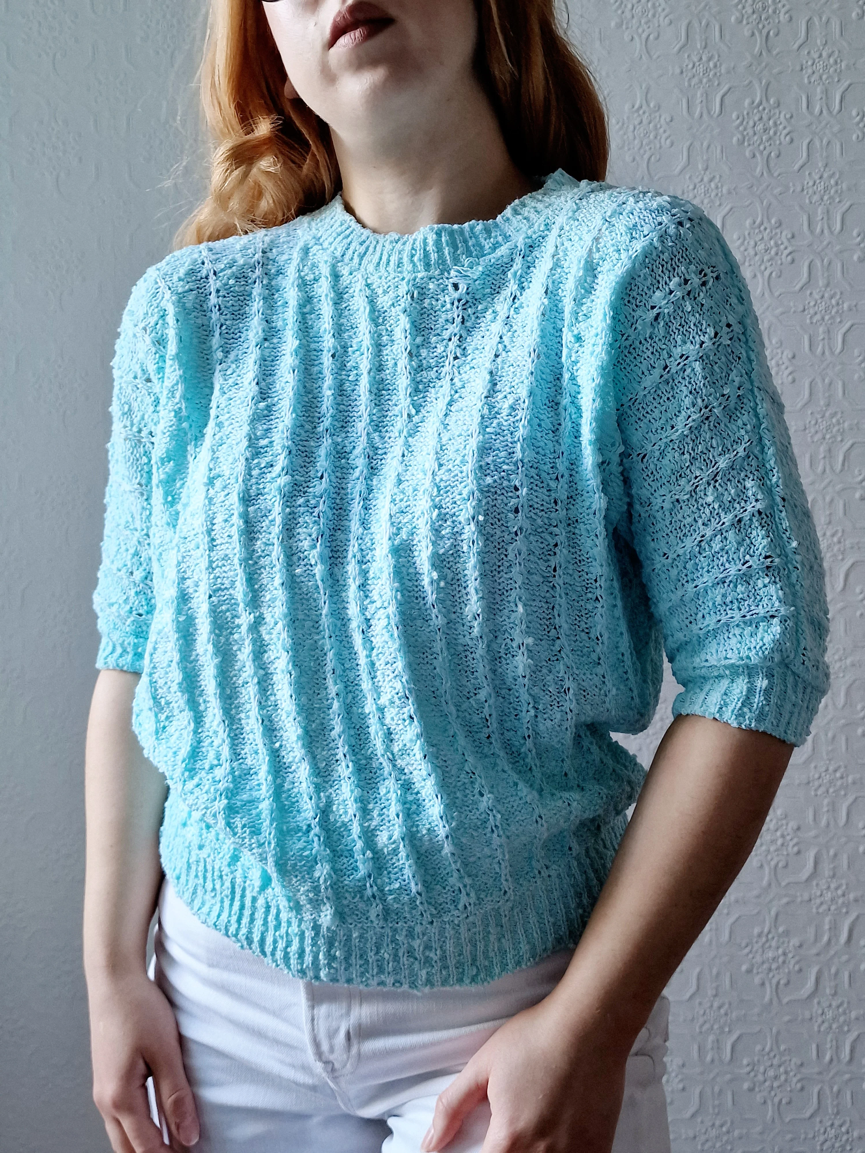 Vintage 80s Blue Round Neck Knitted Jumper Top with Batwing Sleeves - XS/S - Image 7