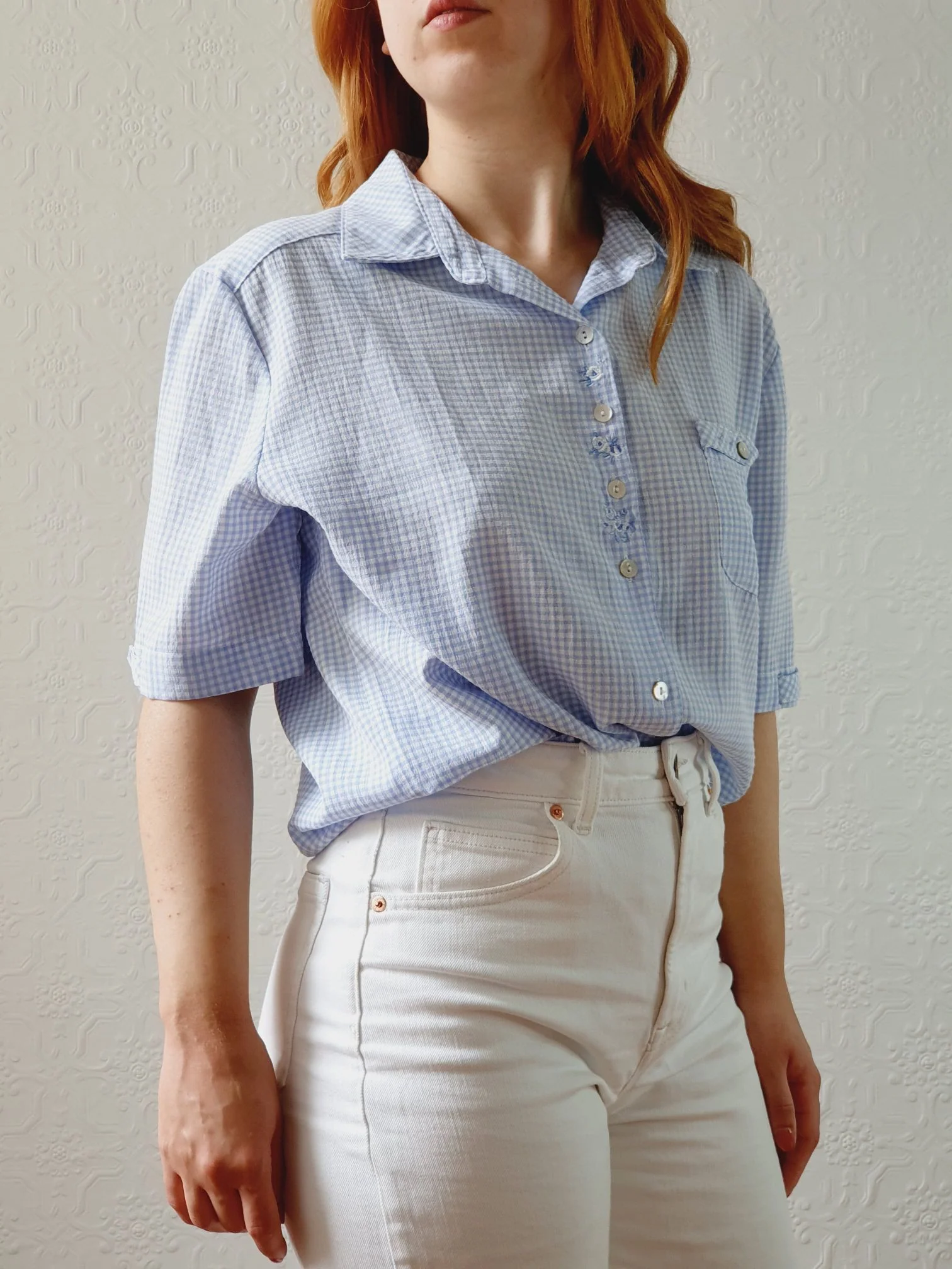 Vintage 80s Blue & White Gingham Short Sleeve Blouse - M/L - Image 2