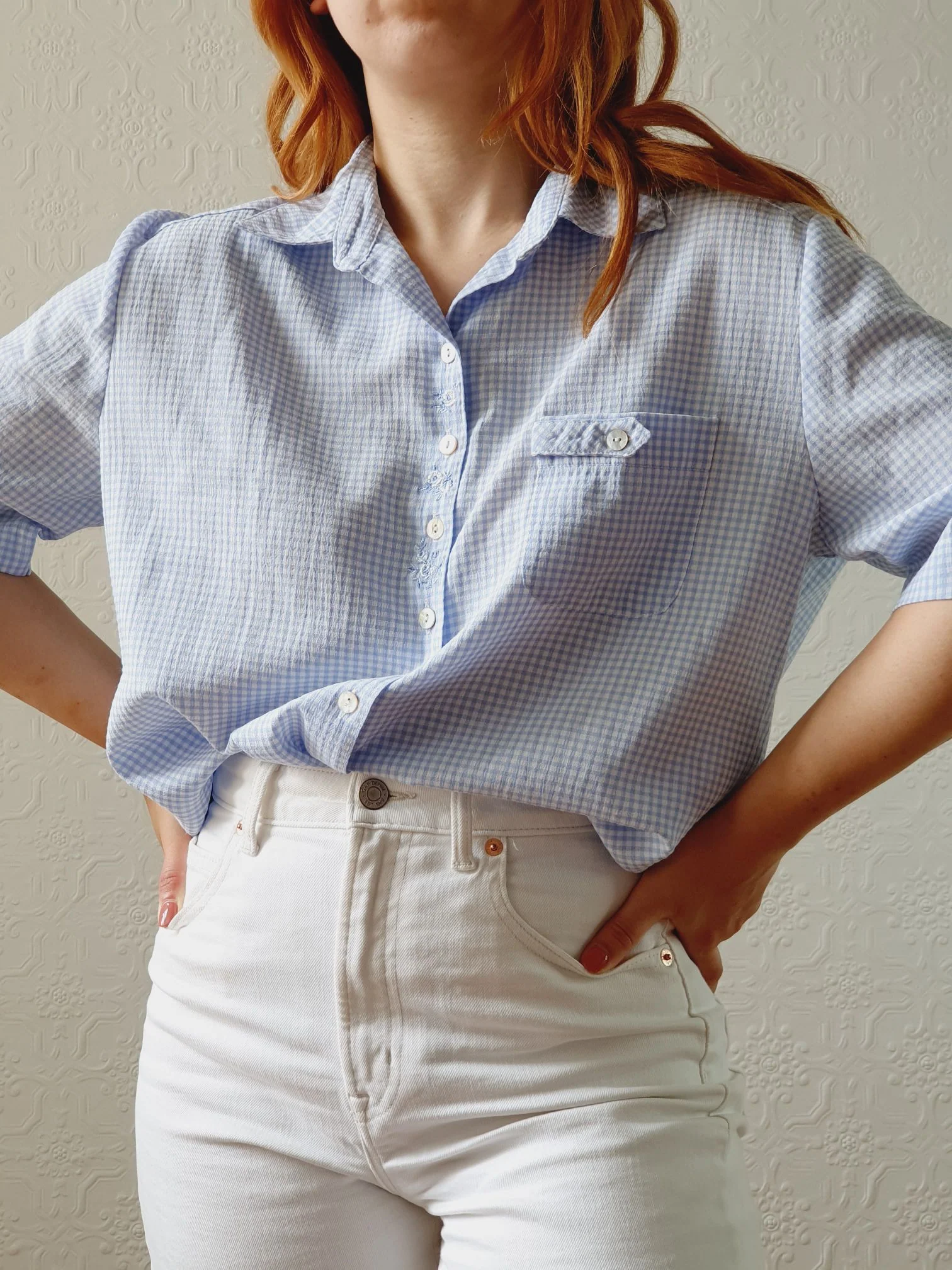 Vintage 80s Blue & White Gingham Short Sleeve Blouse - M/L - Image 3