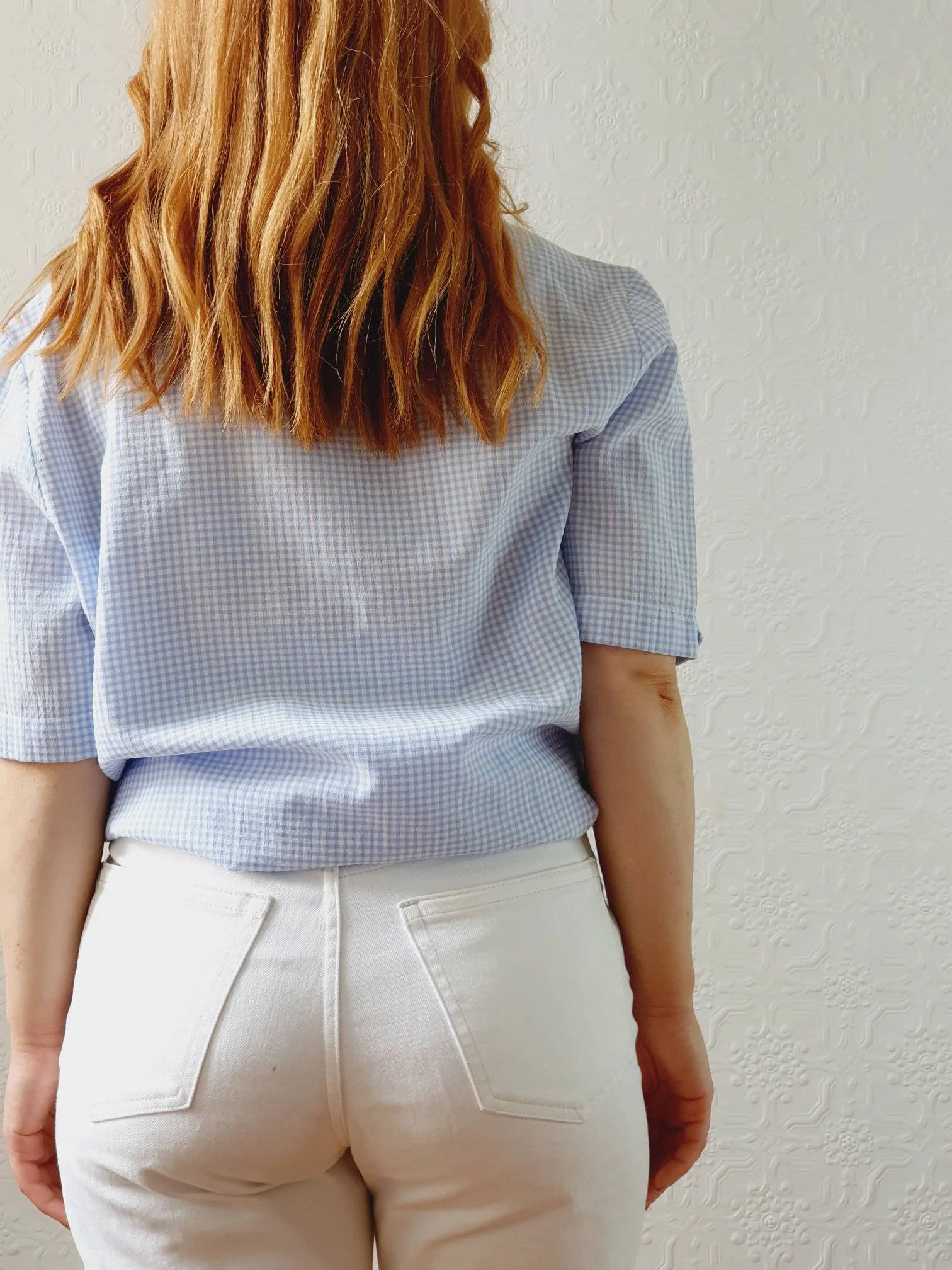Vintage 80s Blue & White Gingham Short Sleeve Blouse - M/L - Image 4