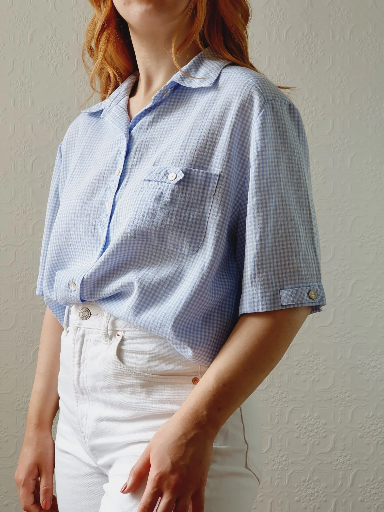 Vintage 80s Blue & White Gingham Short Sleeve Blouse - M/L - Image 5