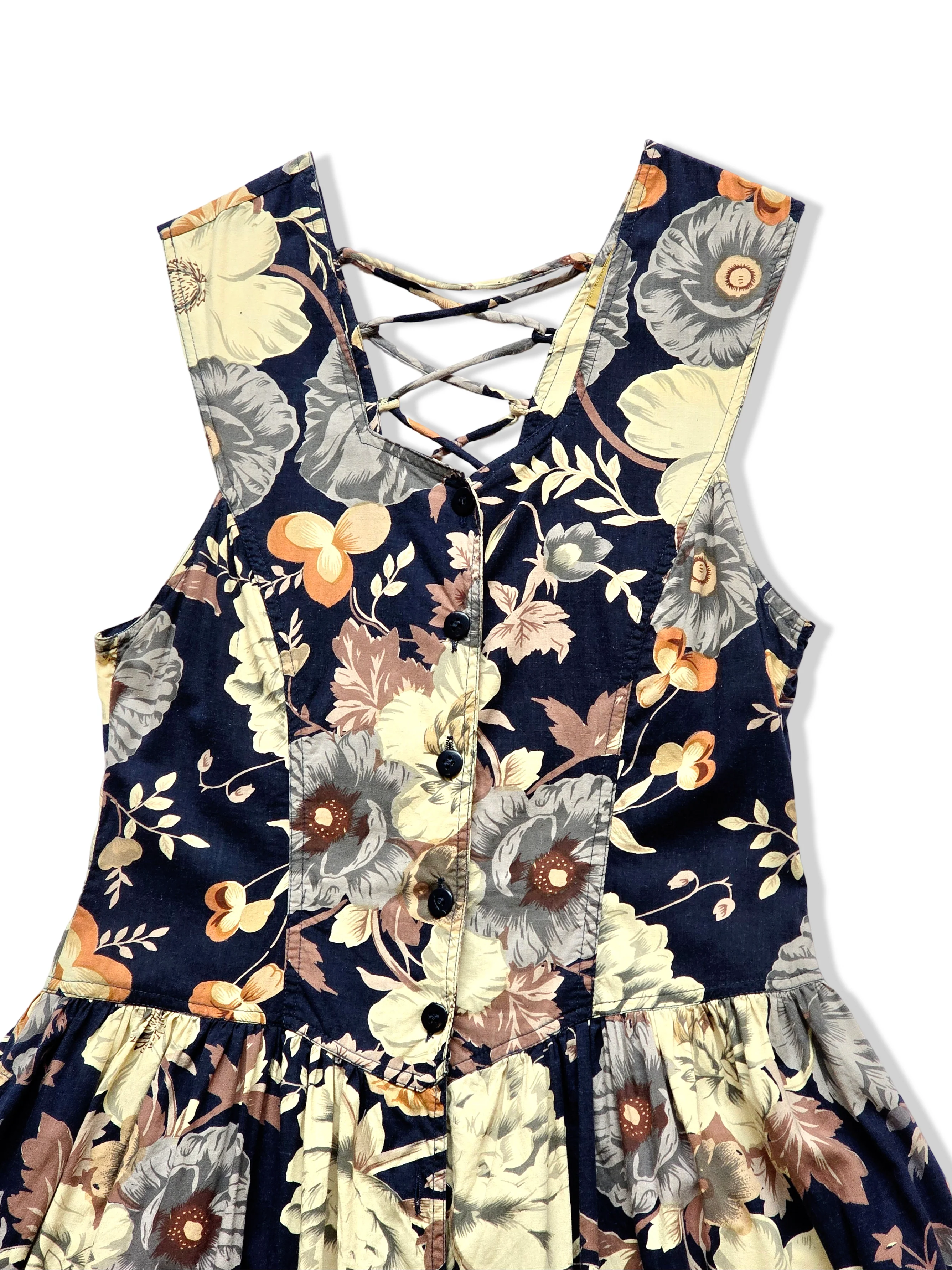 Vintage 80s Navy Button Down Bold Floral Print Dress - XS/S - Image 3