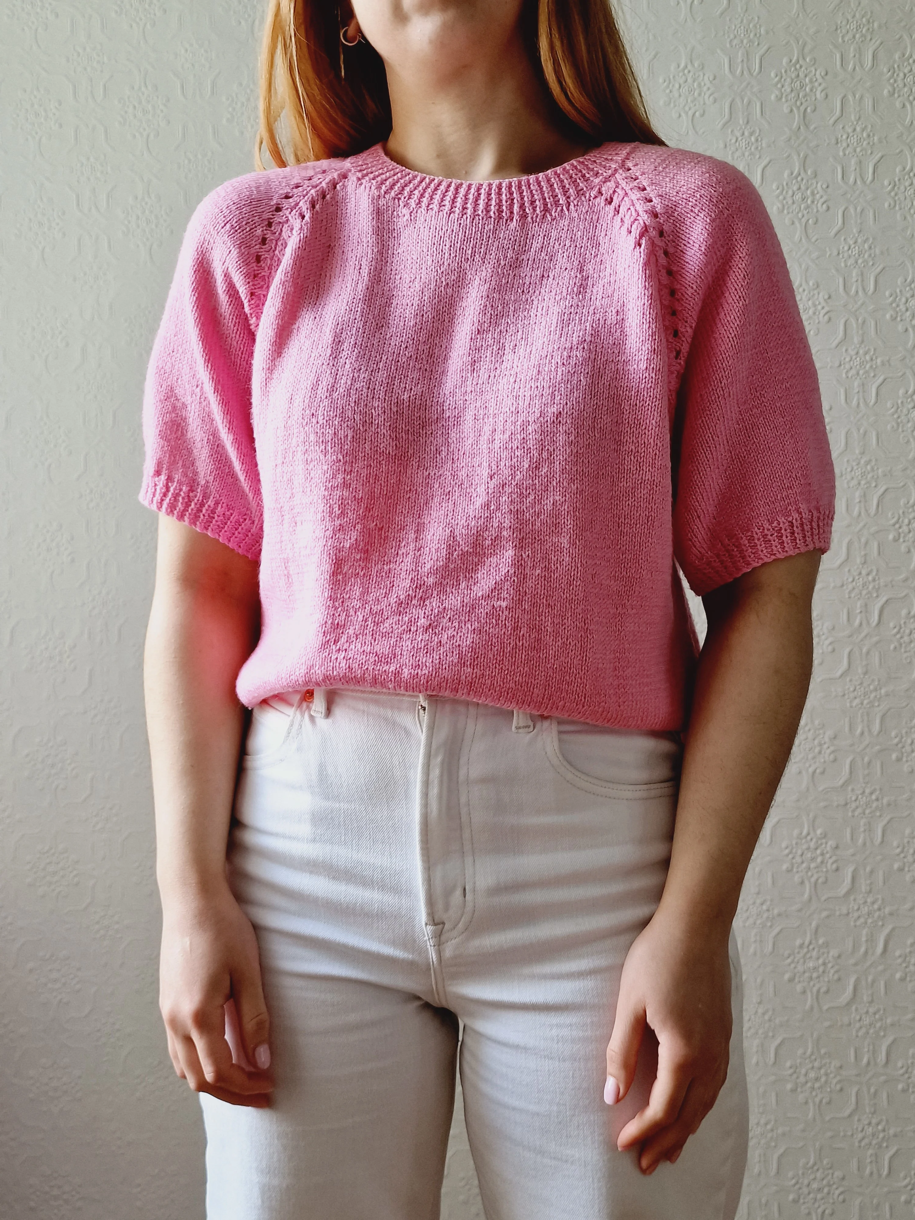 Vintage 80s Bubblegum Pink Round Neck Handknitted Jumper Top with Short Sleeves - S/M