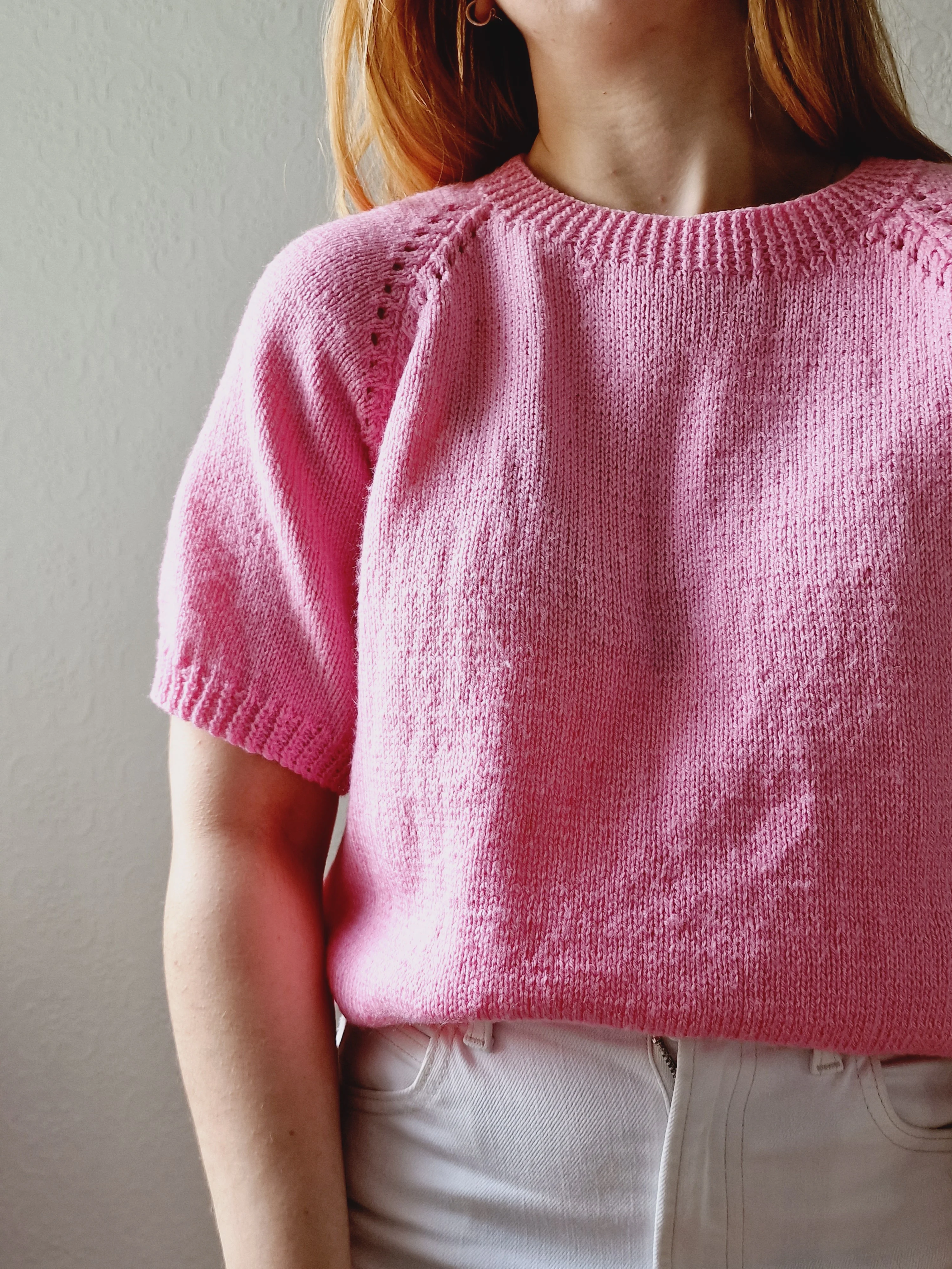 Vintage 80s Bubblegum Pink Round Neck Handknitted Jumper Top with Short Sleeves - S/M - Image 2