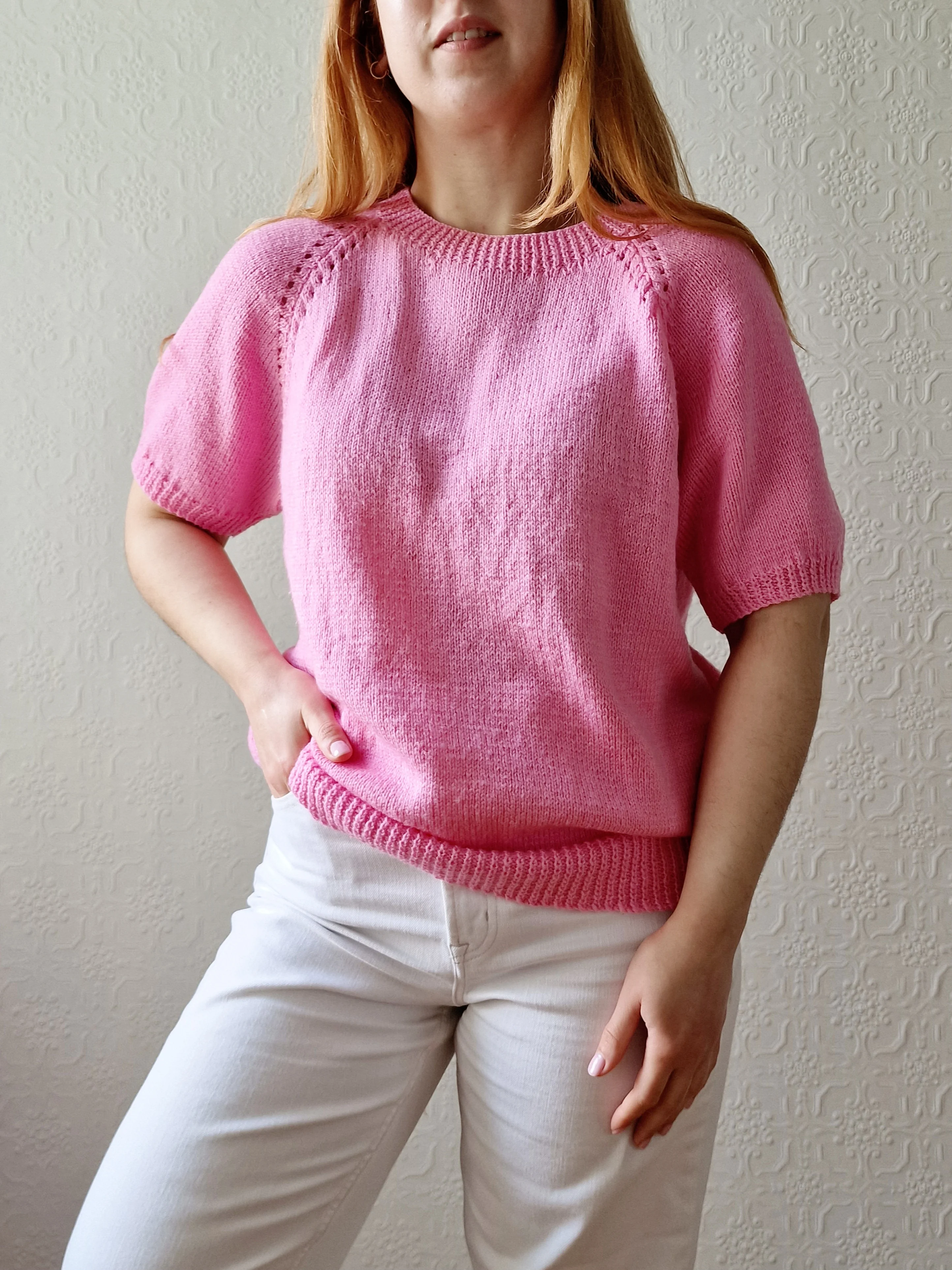 Vintage 80s Bubblegum Pink Round Neck Handknitted Jumper Top with Short Sleeves - S/M - Image 3