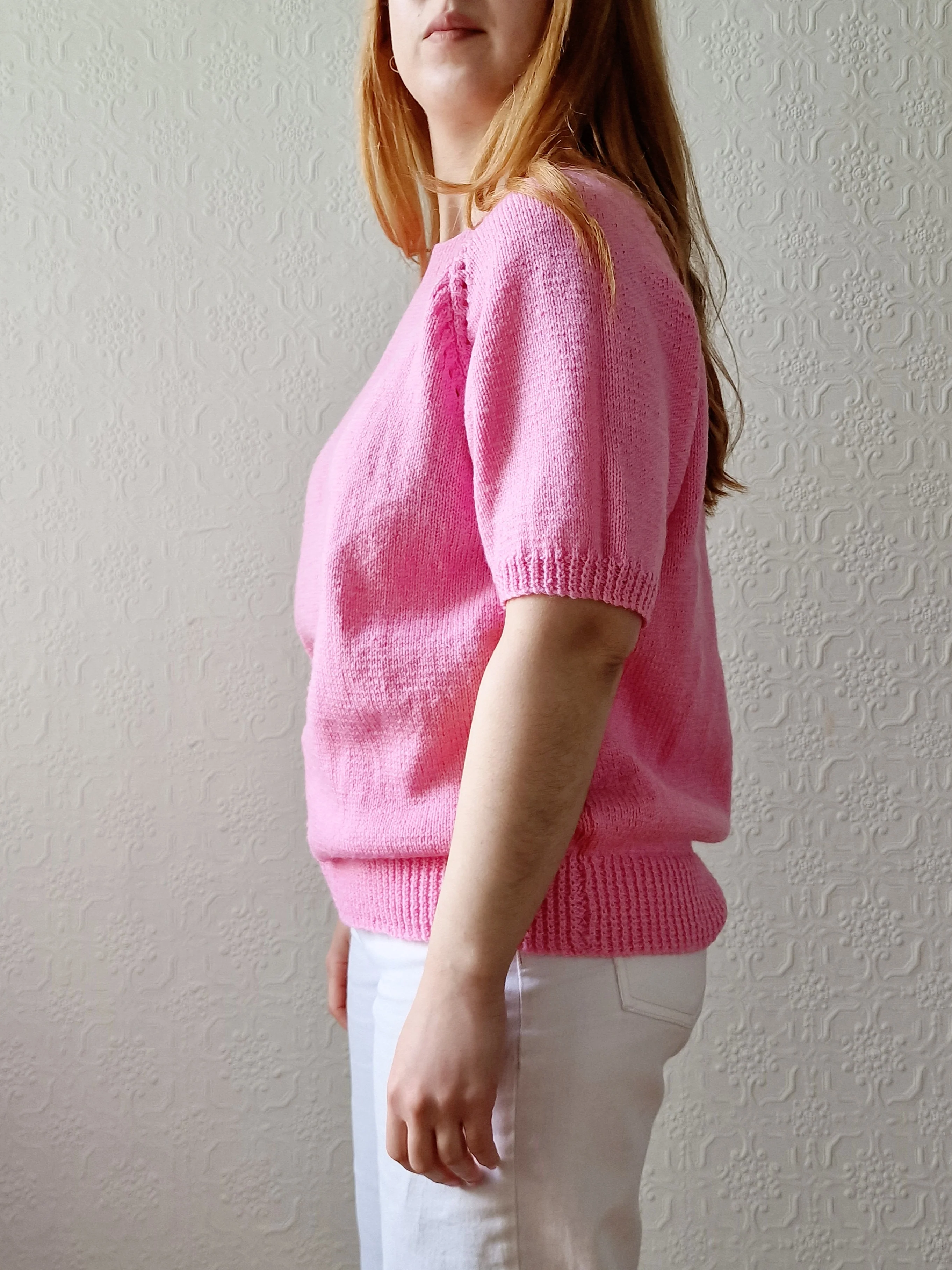 Vintage 80s Bubblegum Pink Round Neck Handknitted Jumper Top with Short Sleeves - S/M - Image 4
