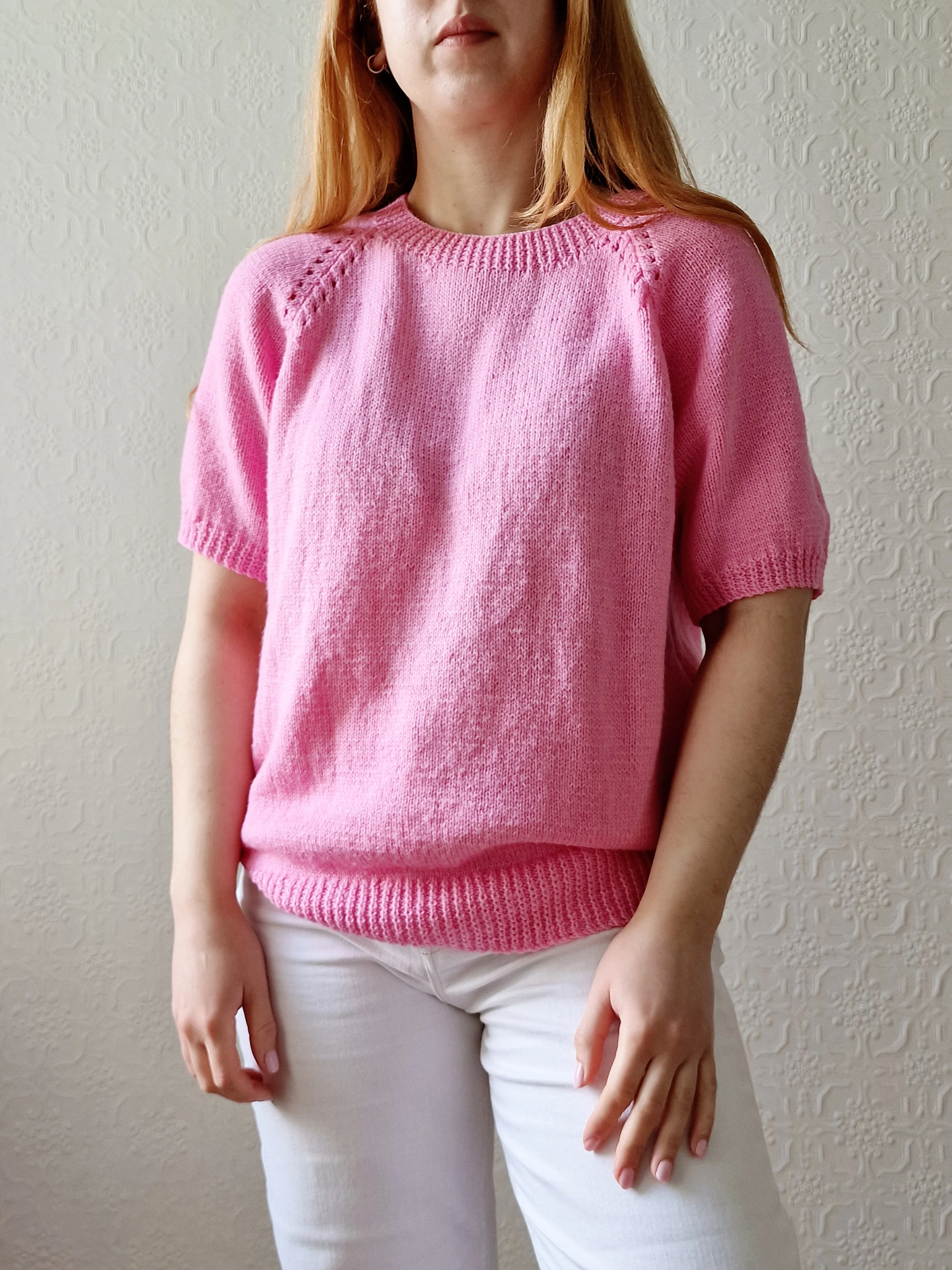 Vintage 80s Bubblegum Pink Round Neck Handknitted Jumper Top with Short Sleeves - S/M - Image 6