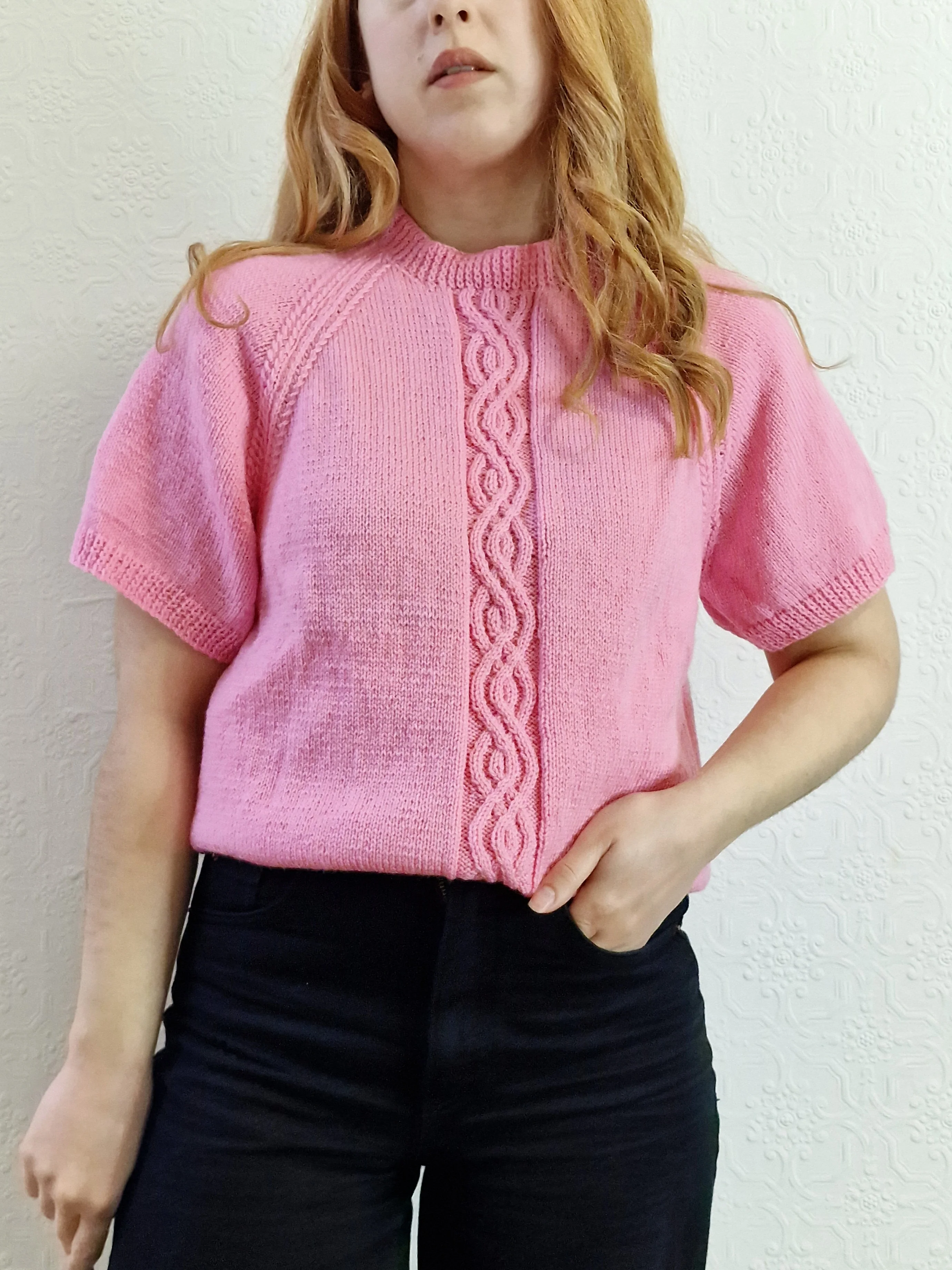 Vintage 80s Bubblegum Pink Round Neck Handknitted Jumper with Short Sleeves - S - Image 2