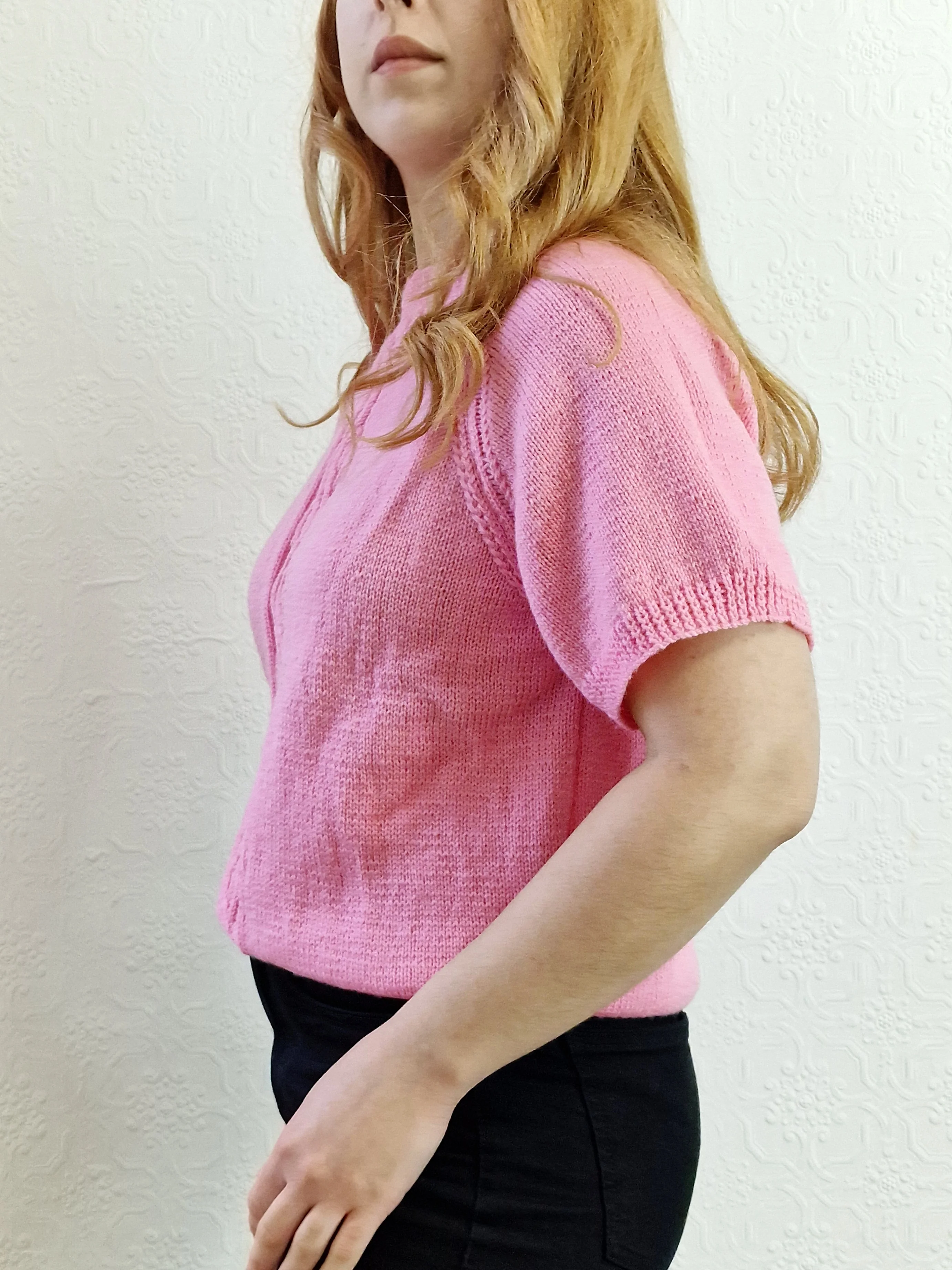 Vintage 80s Bubblegum Pink Round Neck Handknitted Jumper with Short Sleeves - S - Image 3