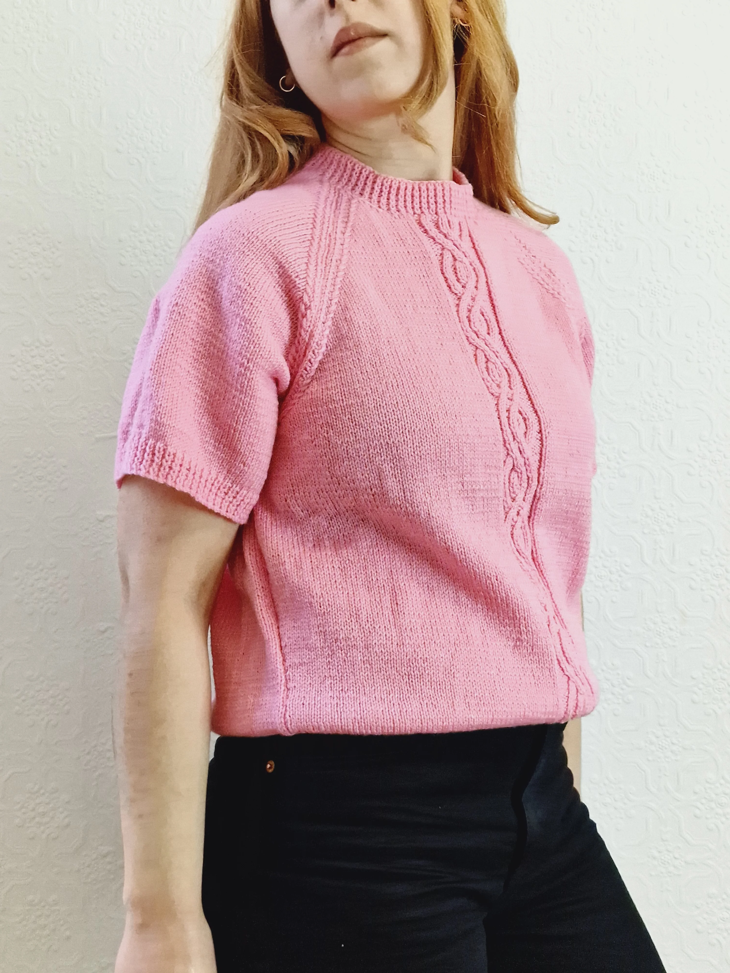 Vintage 80s Bubblegum Pink Round Neck Handknitted Jumper with Short Sleeves - S - Image 5