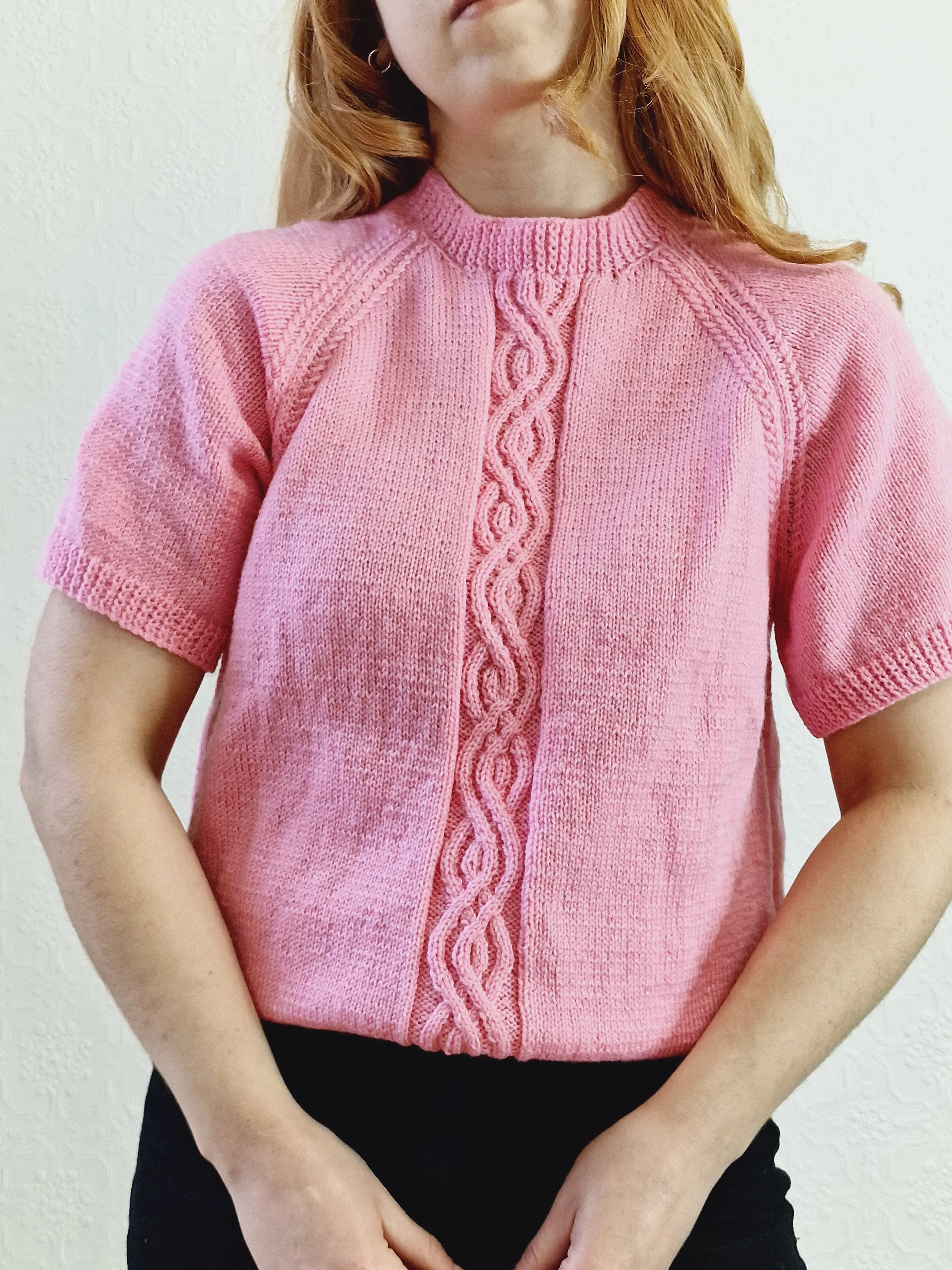 Vintage 80s Bubblegum Pink Round Neck Handknitted Jumper with Short Sleeves - S - Image 6