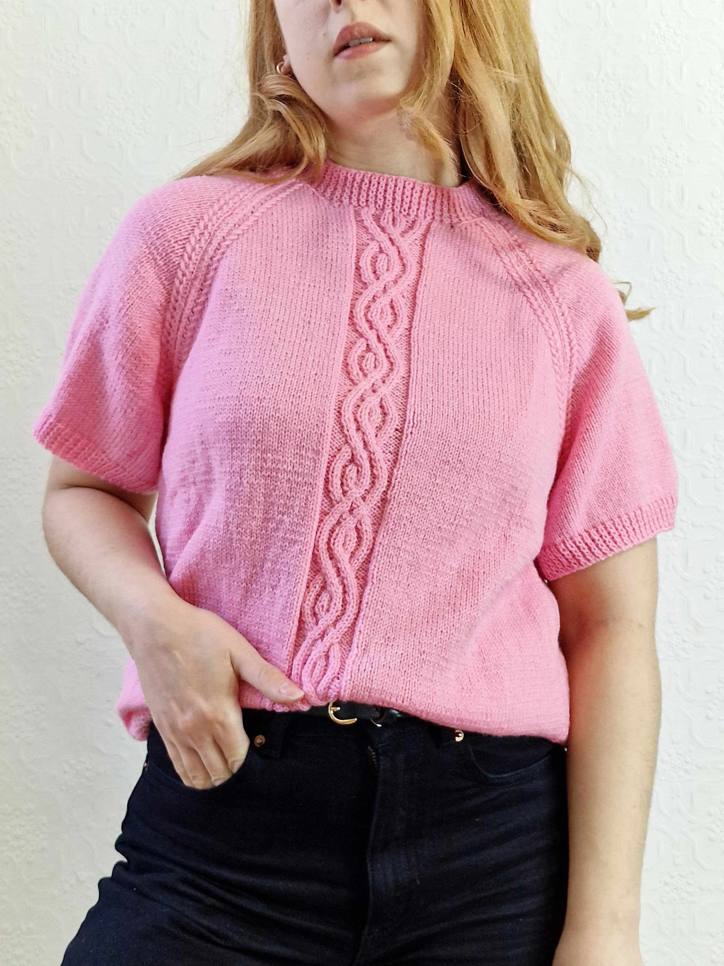 Vintage 80s Bubblegum Pink Round Neck Handknitted Jumper with Short Sleeves - S - Image 8