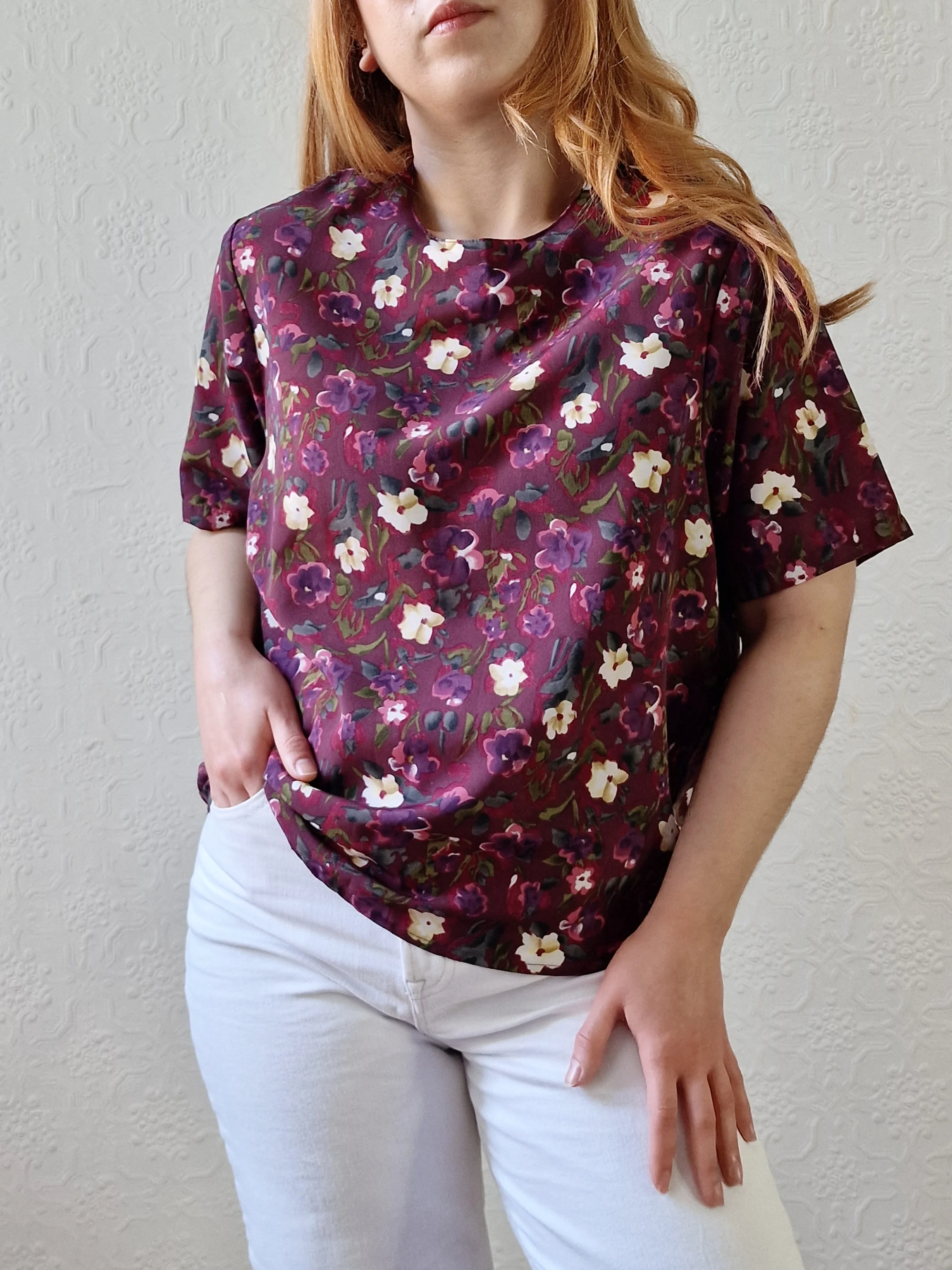 Vintage 80s Burgundy Floral Blouse with Short Sleeves - S/M - Image 2