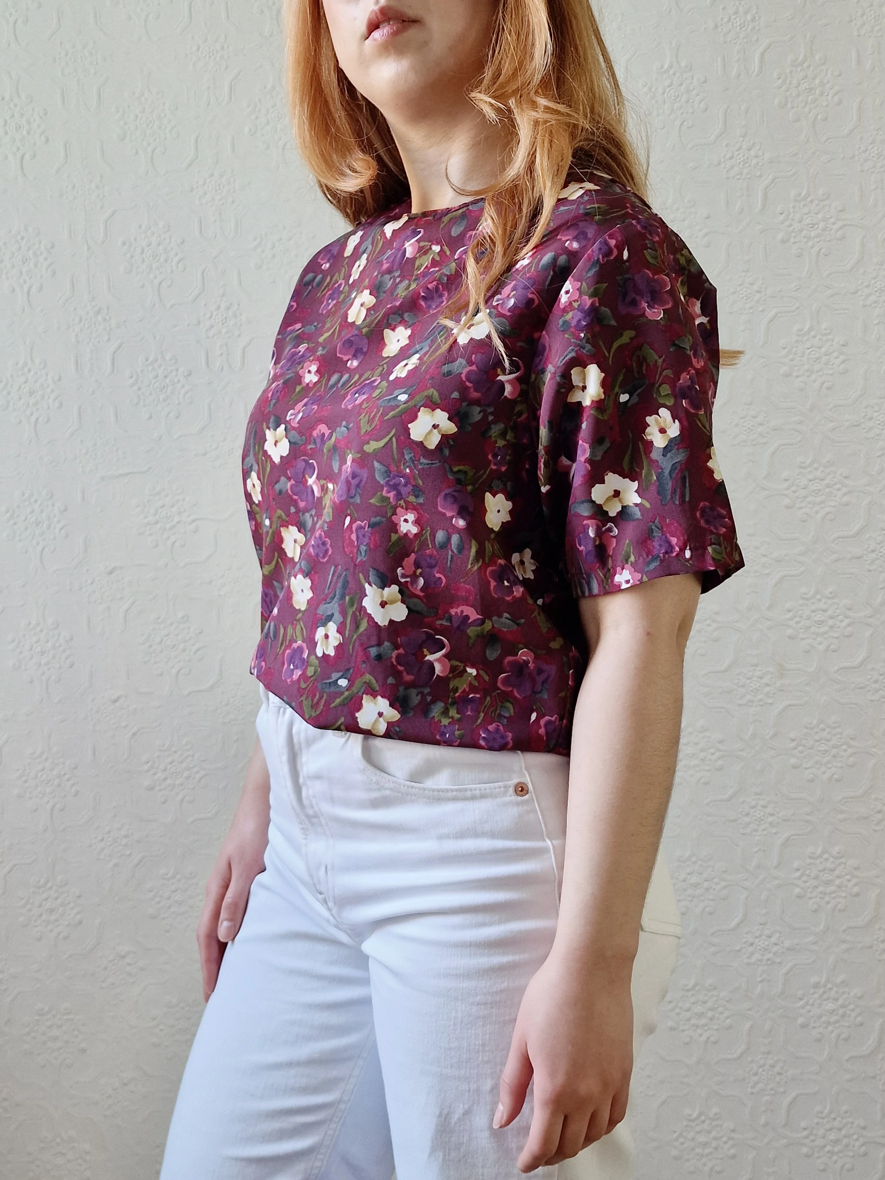 Vintage 80s Burgundy Floral Blouse with Short Sleeves - S/M - Image 3