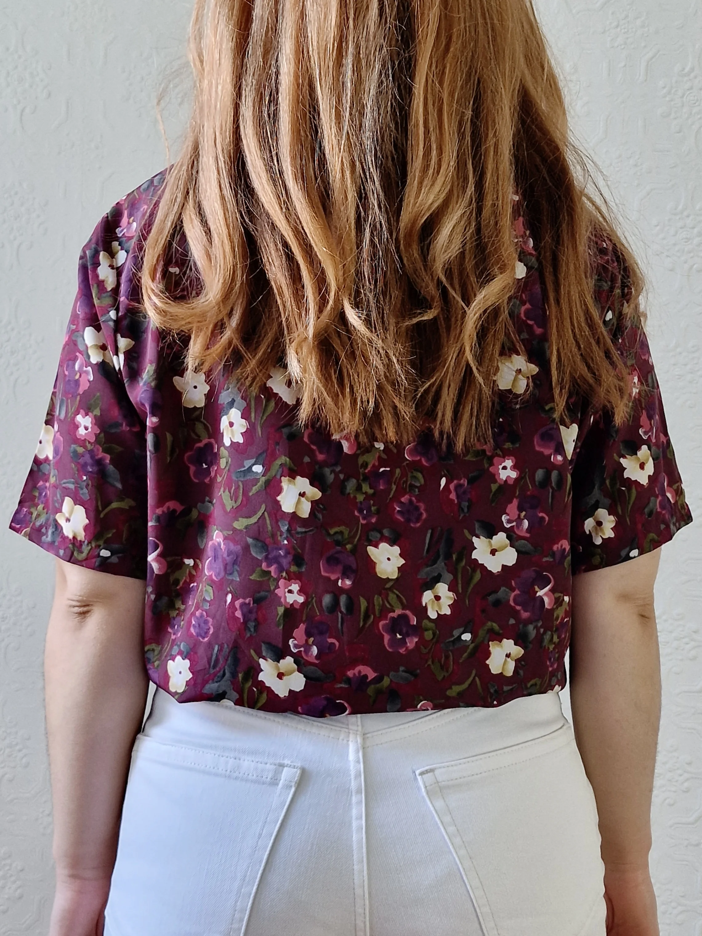 Vintage 80s Burgundy Floral Blouse with Short Sleeves - S/M - Image 4