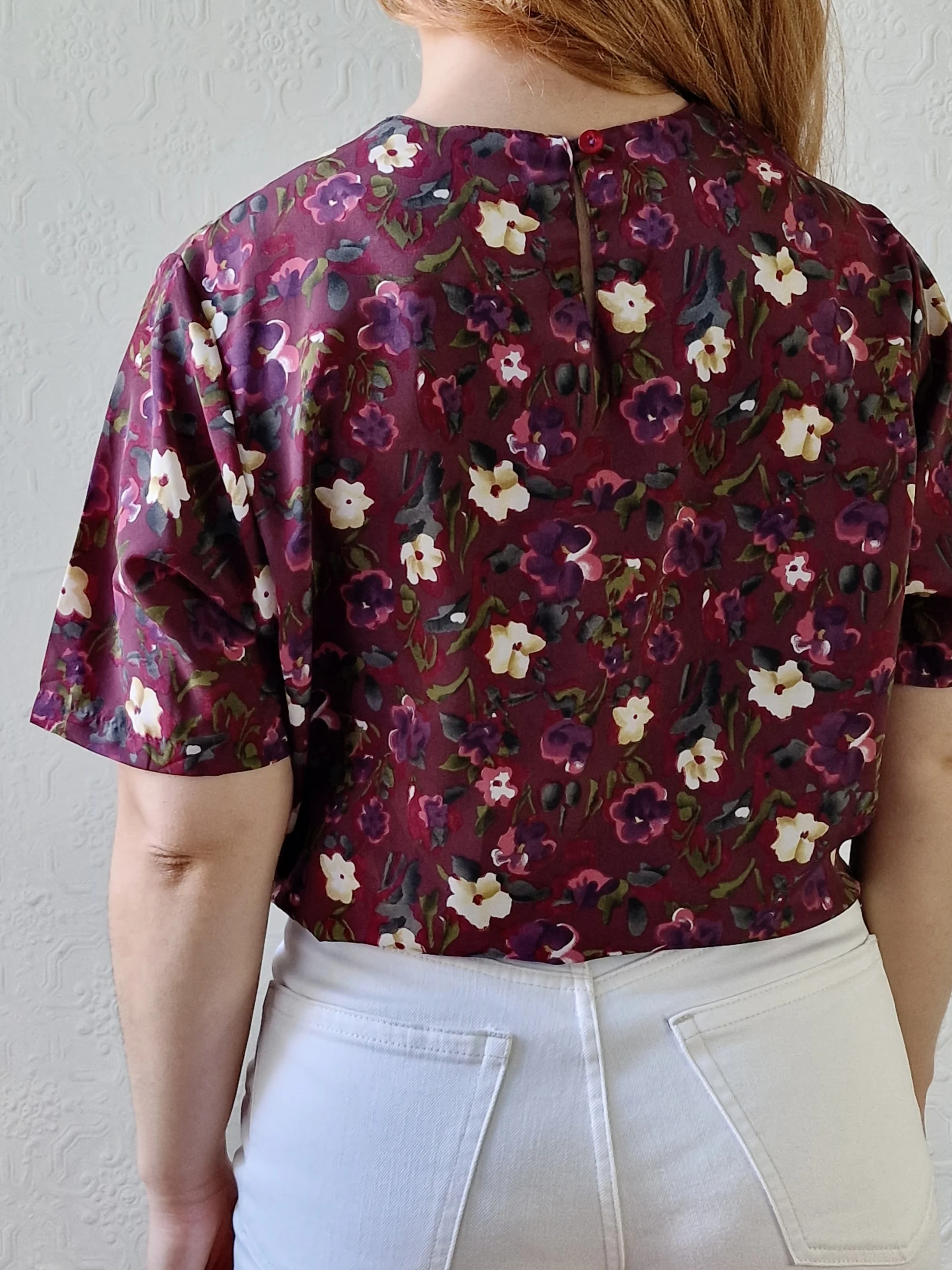 Vintage 80s Burgundy Floral Blouse with Short Sleeves - S/M - Image 5