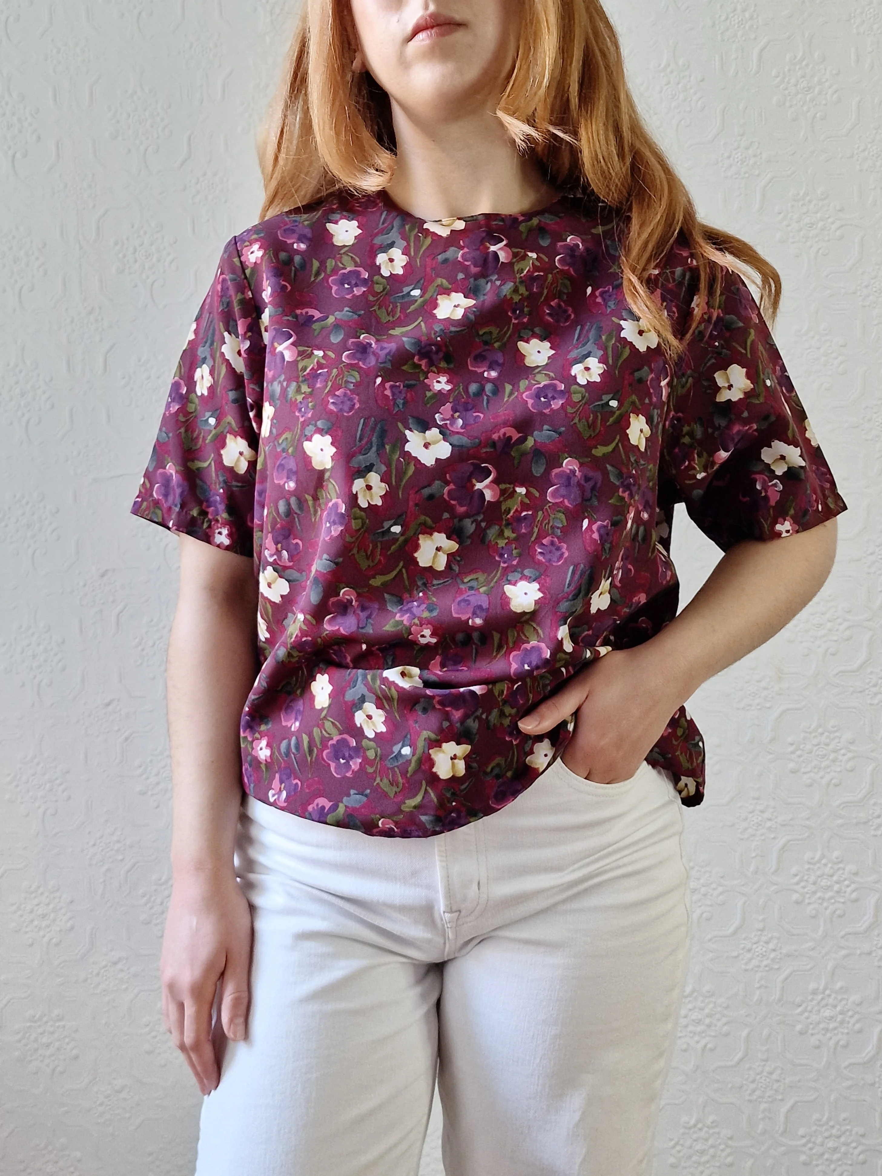 Vintage 80s Burgundy Floral Blouse with Short Sleeves - S/M - Image 6