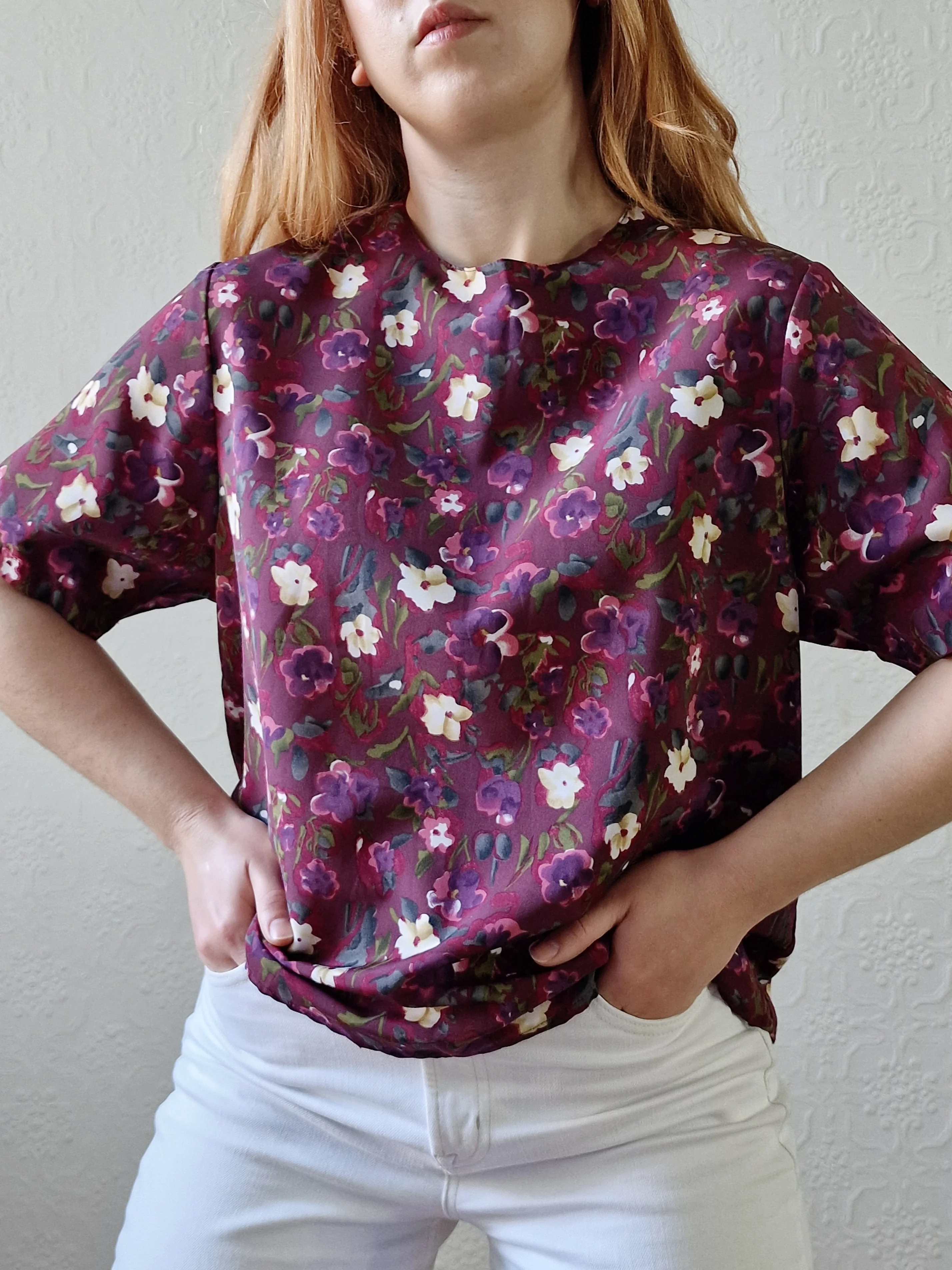 Vintage 80s Burgundy Floral Blouse with Short Sleeves - S/M - Image 7