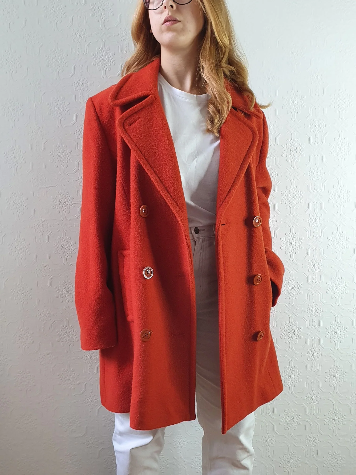 Vintage 80s Burnt Orange Pure Wool Double Breasted Coat - L
