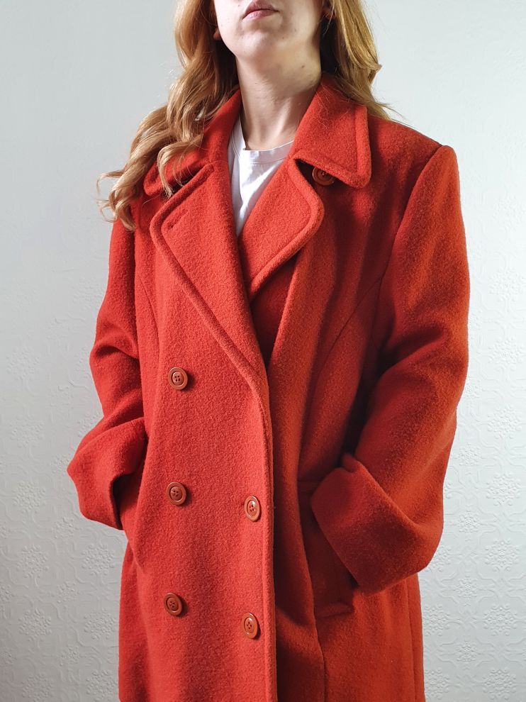 Vintage 80s Burnt Orange Pure Wool Double Breasted Coat - L - Image 3