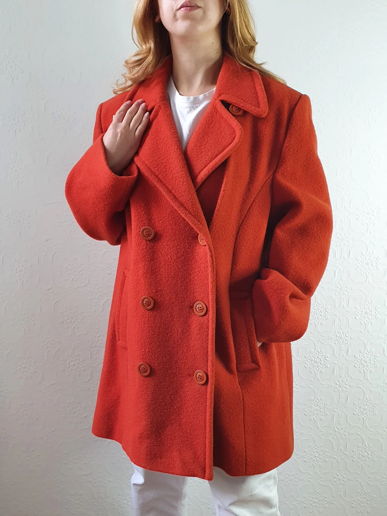 Vintage 80s Burnt Orange Pure Wool Double Breasted Coat - L - Image 4