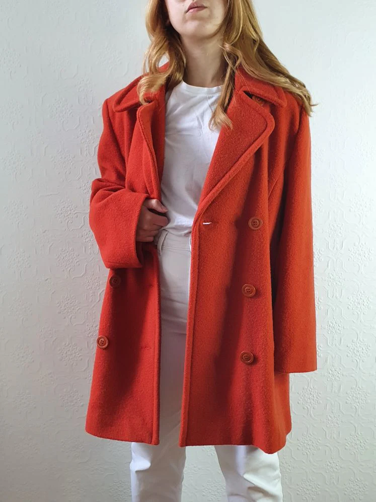 Vintage 80s Burnt Orange Pure Wool Double Breasted Coat - L - Image 7
