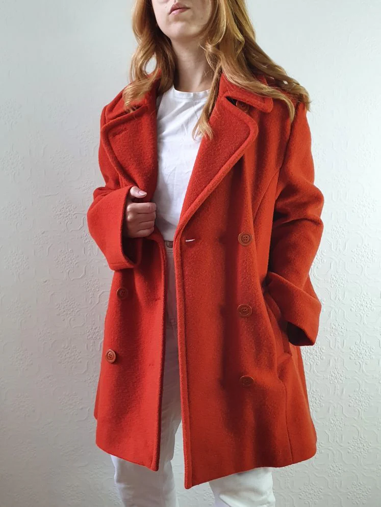Vintage 80s Burnt Orange Pure Wool Double Breasted Coat - L - Image 8