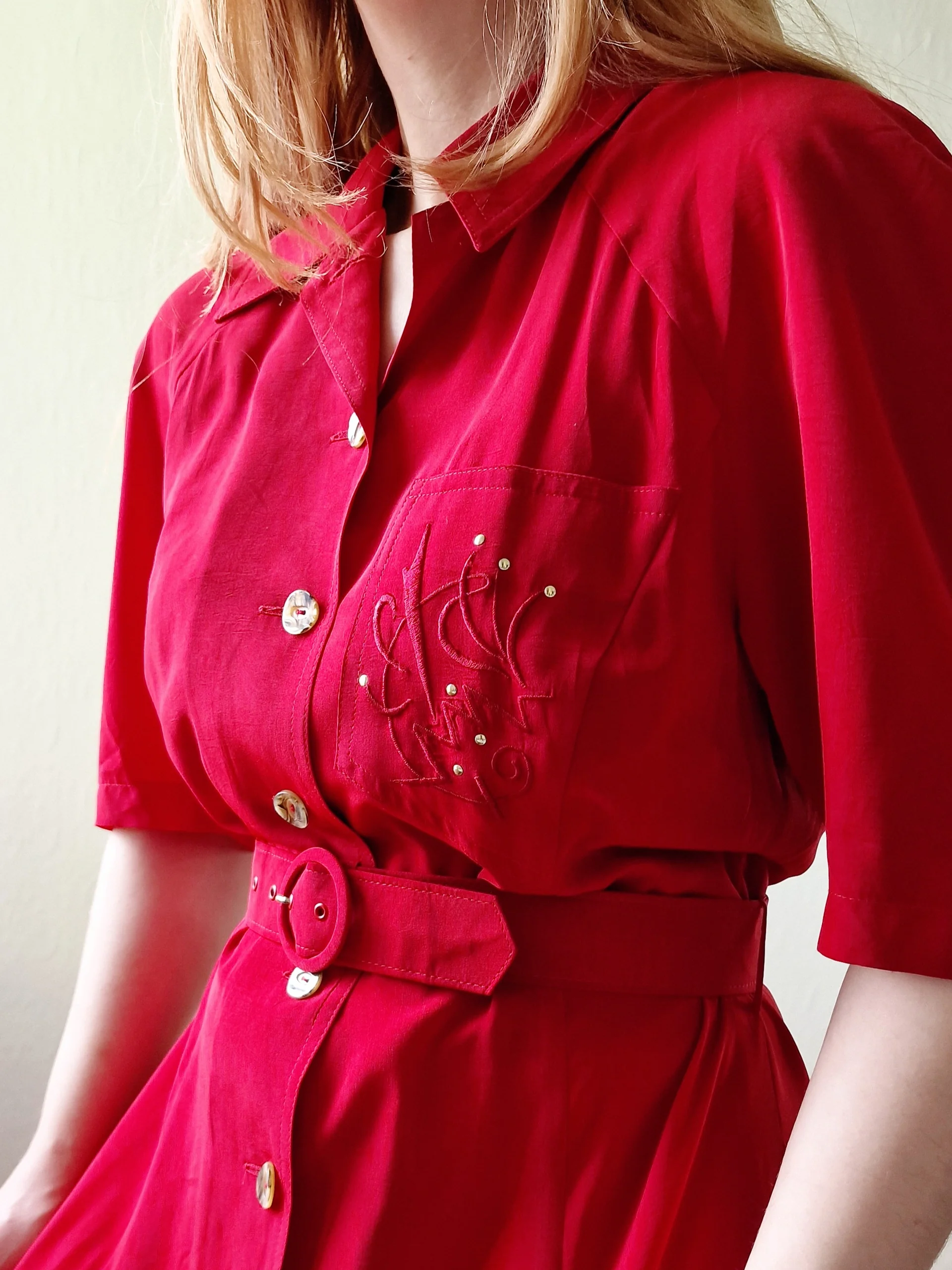 Vintage 80s Cherry Red Midi Dress with Short Sleeves - M - Image 2