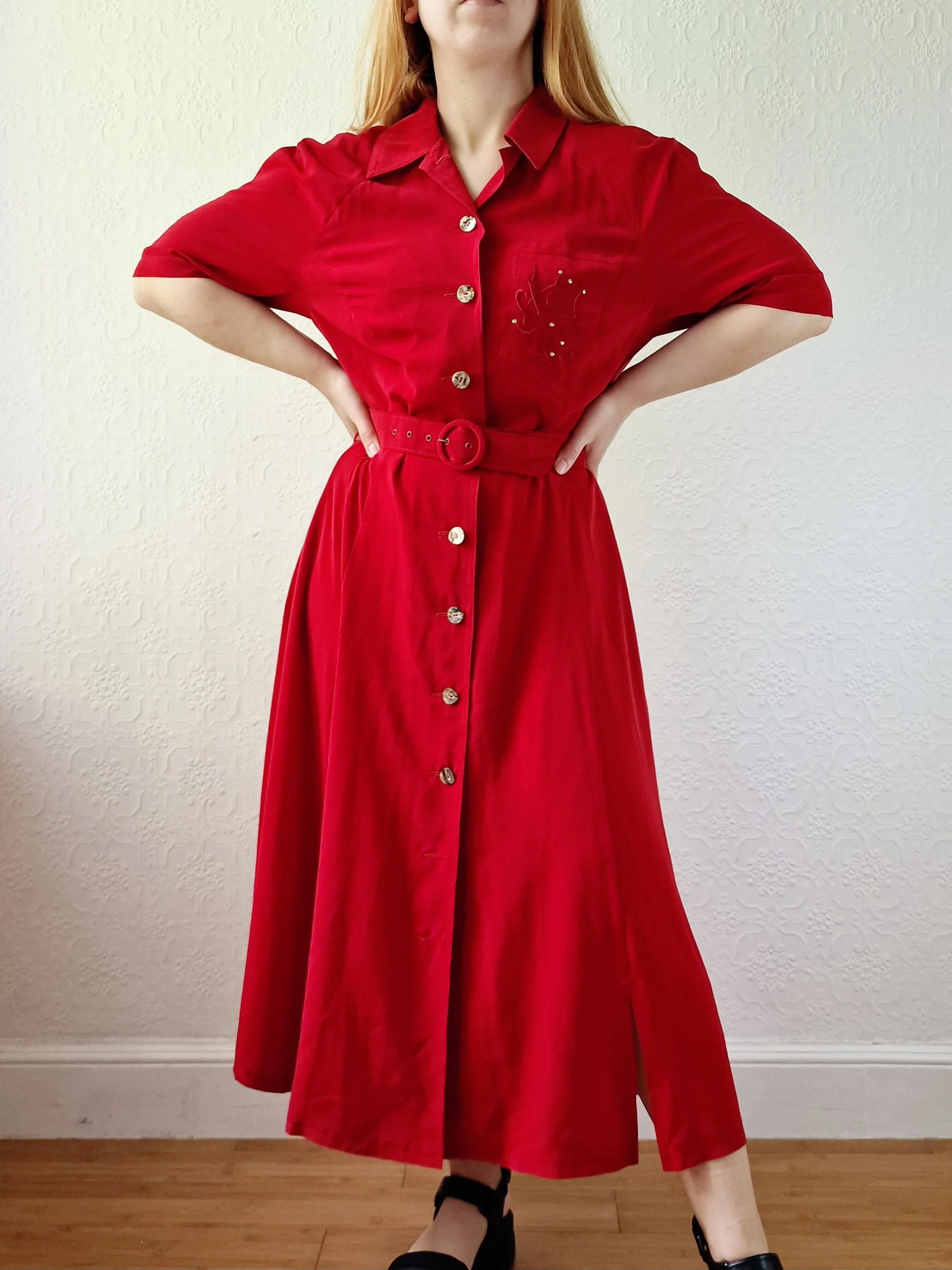 Vintage 80s Cherry Red Midi Dress with Short Sleeves - M - Image 3