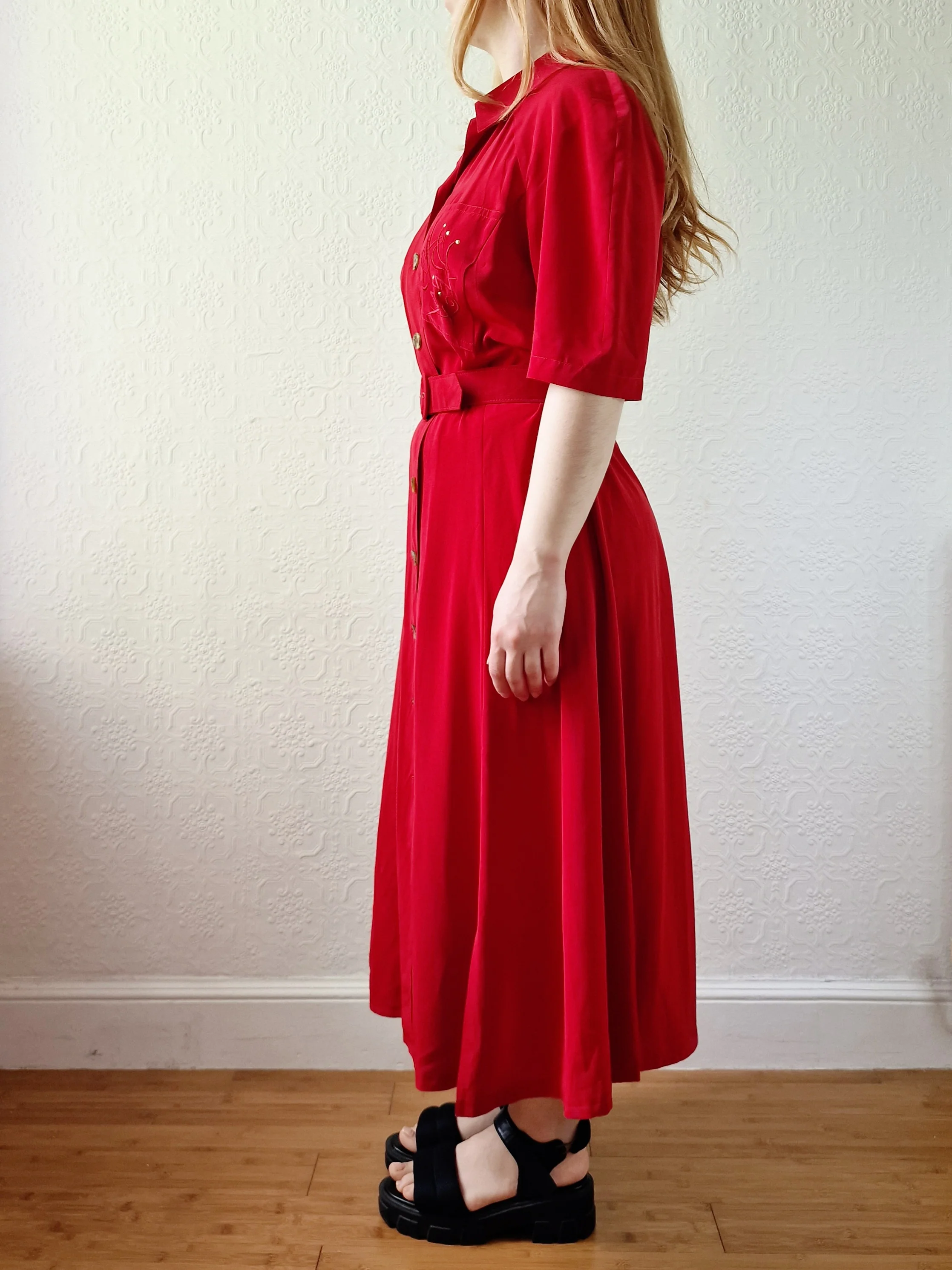 Vintage 80s Cherry Red Midi Dress with Short Sleeves - M - Image 4