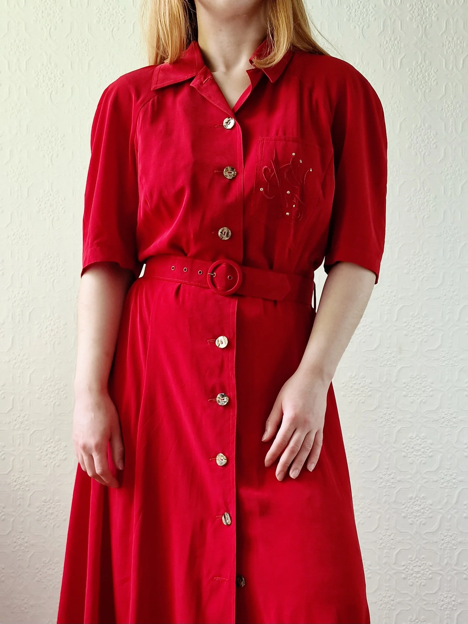 Vintage 80s Cherry Red Midi Dress with Short Sleeves - M - Image 6