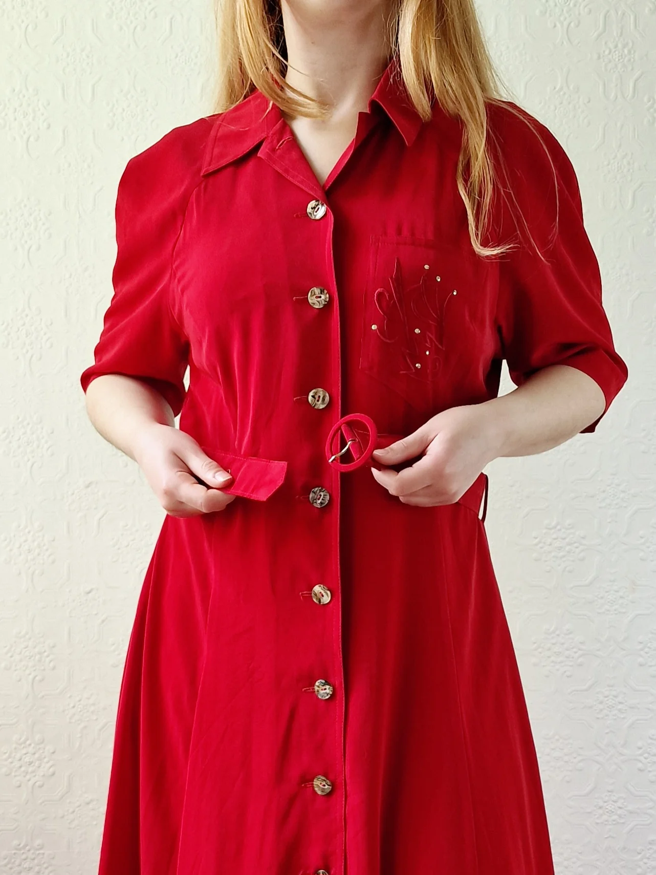 Vintage 80s Cherry Red Midi Dress with Short Sleeves - M - Image 8