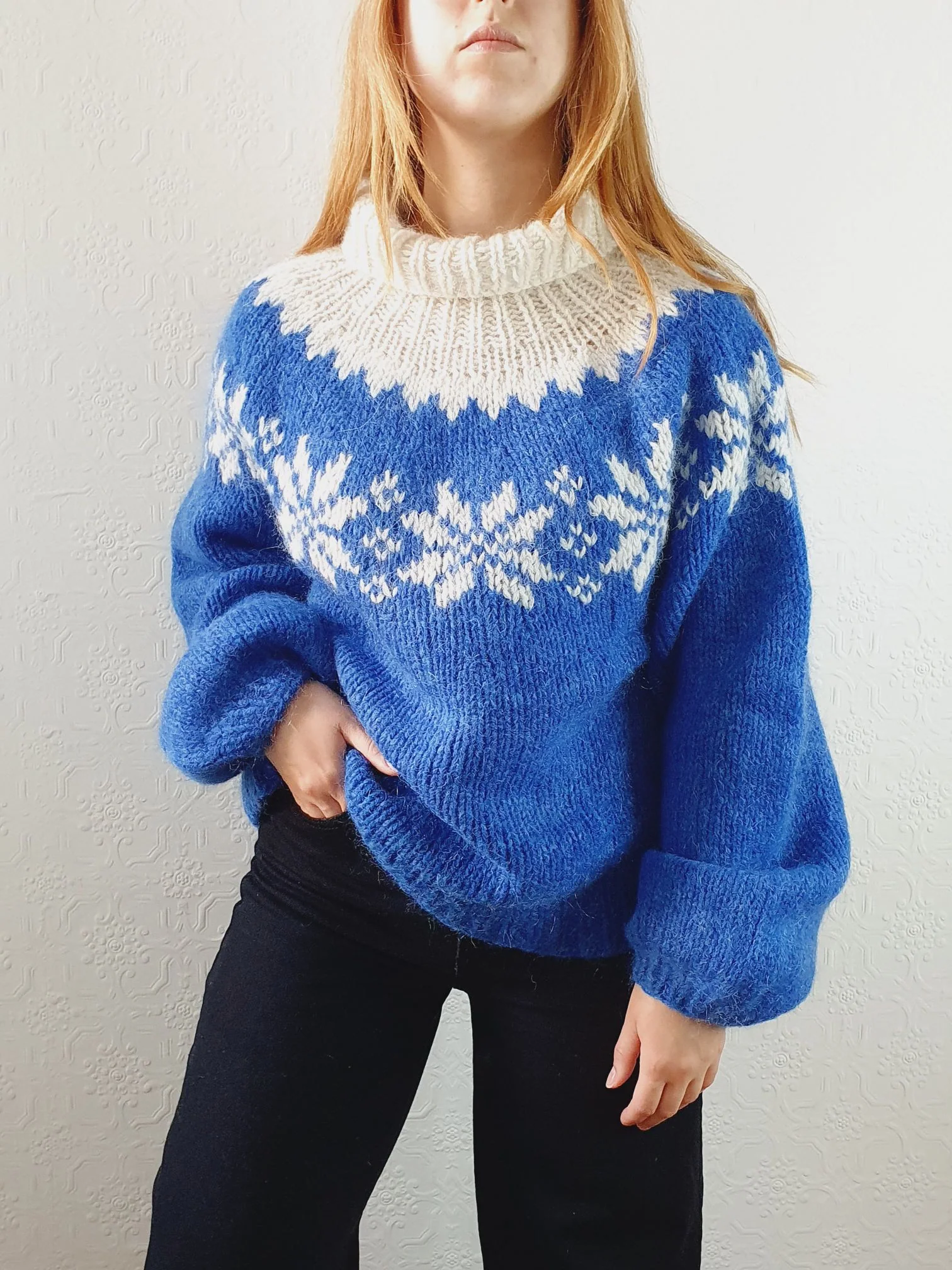 Vintage 80s Cobalt Blue Roll Neck Handknitted Icelandic Mohair Jumper - M/L