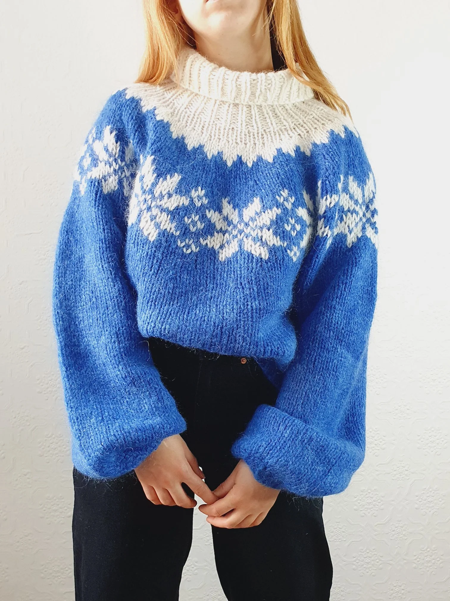 Vintage 80s Cobalt Blue Roll Neck Handknitted Icelandic Mohair Jumper - M/L - Image 12