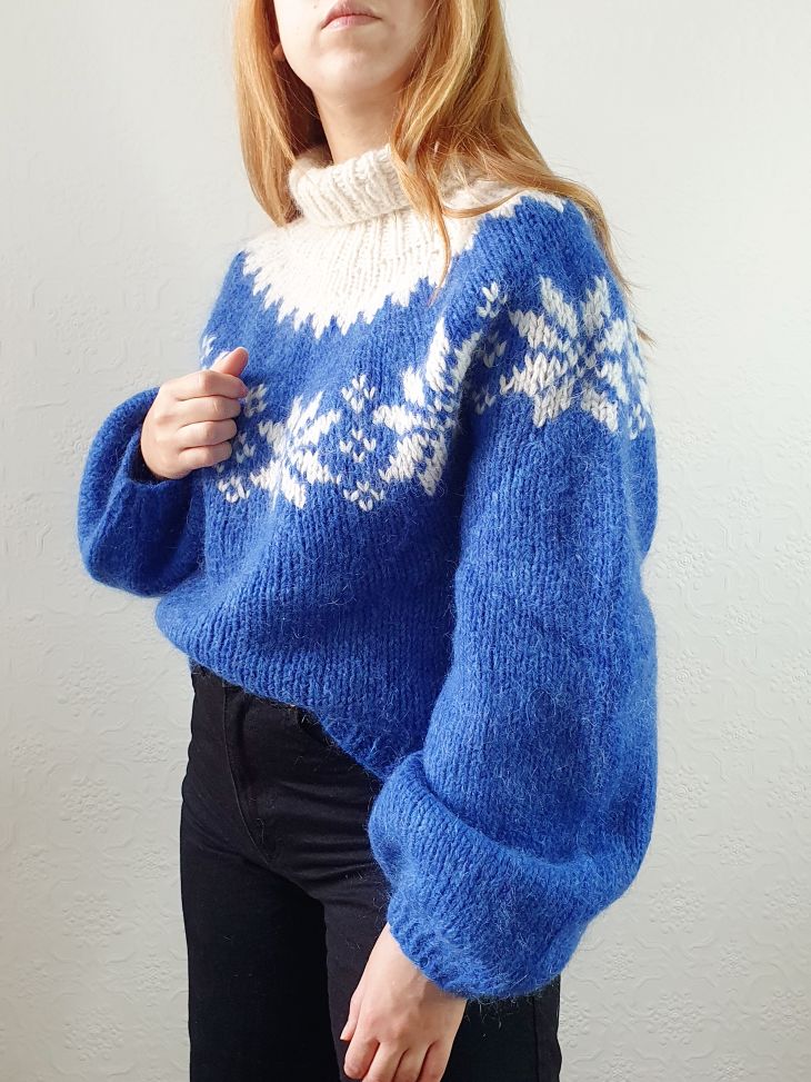 Vintage 80s Cobalt Blue Roll Neck Handknitted Icelandic Mohair Jumper - M/L - Image 13