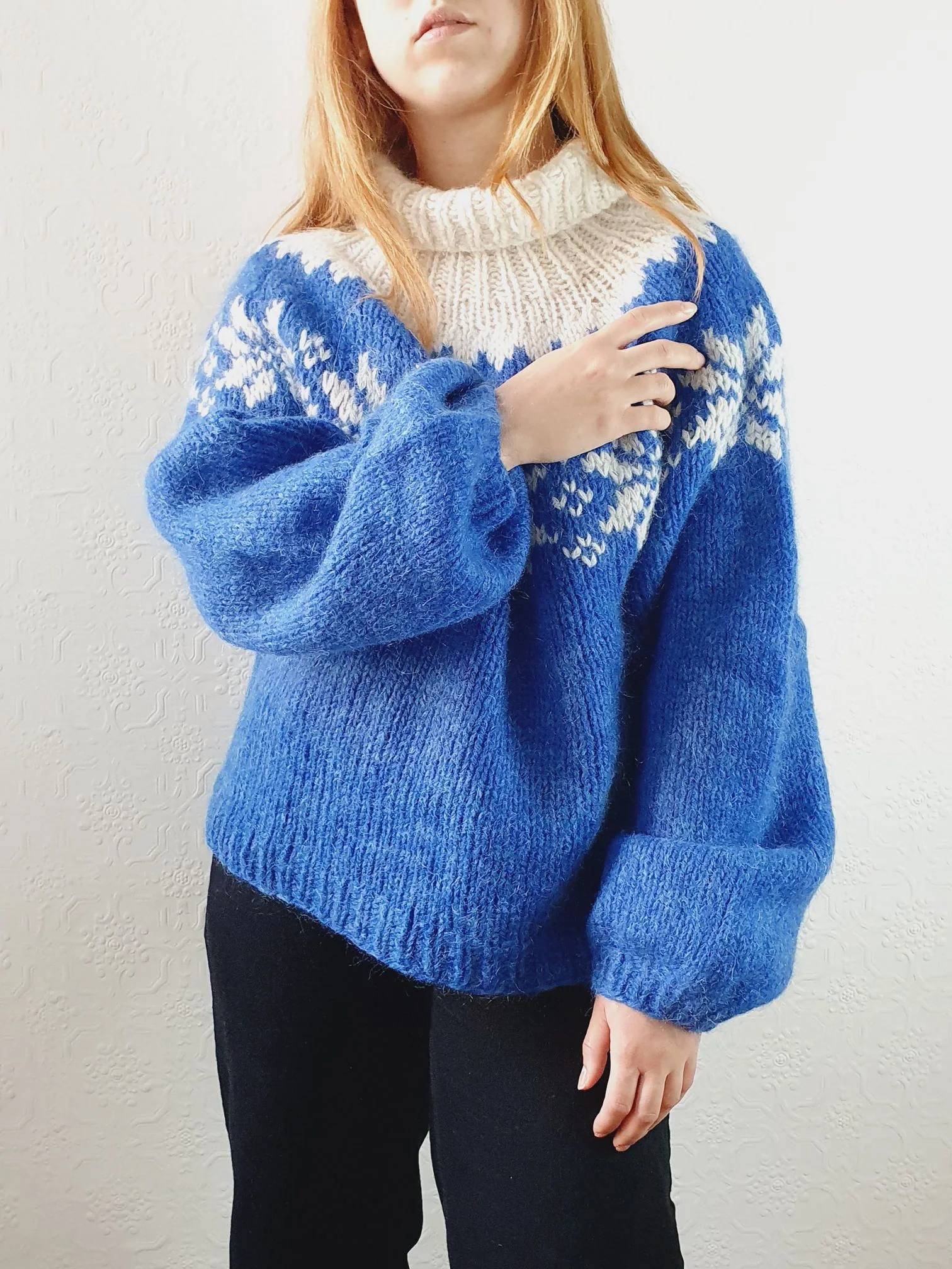 Vintage 80s Cobalt Blue Roll Neck Handknitted Icelandic Mohair Jumper - M/L - Image 7
