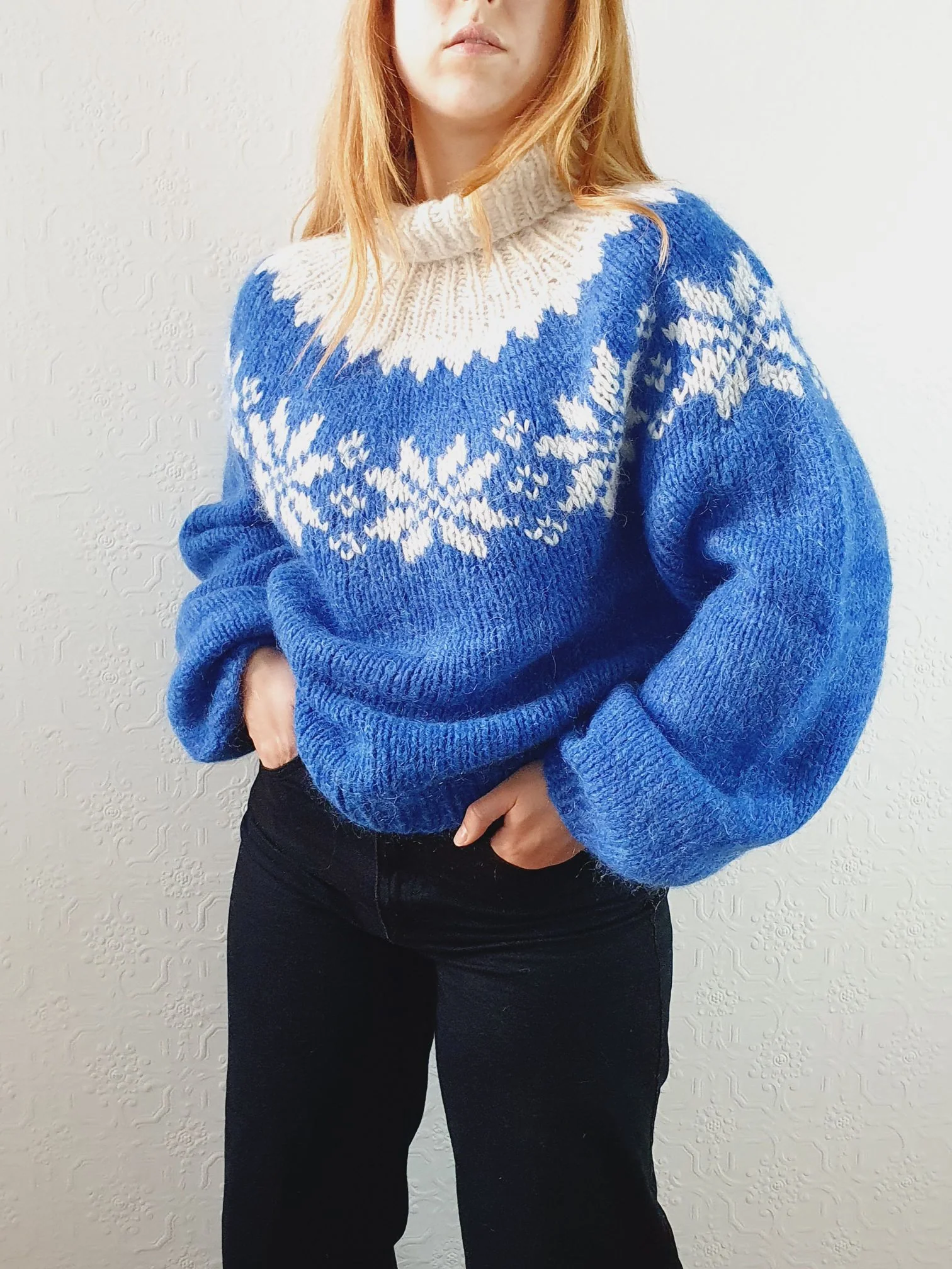 Vintage 80s Cobalt Blue Roll Neck Handknitted Icelandic Mohair Jumper - M/L - Image 8